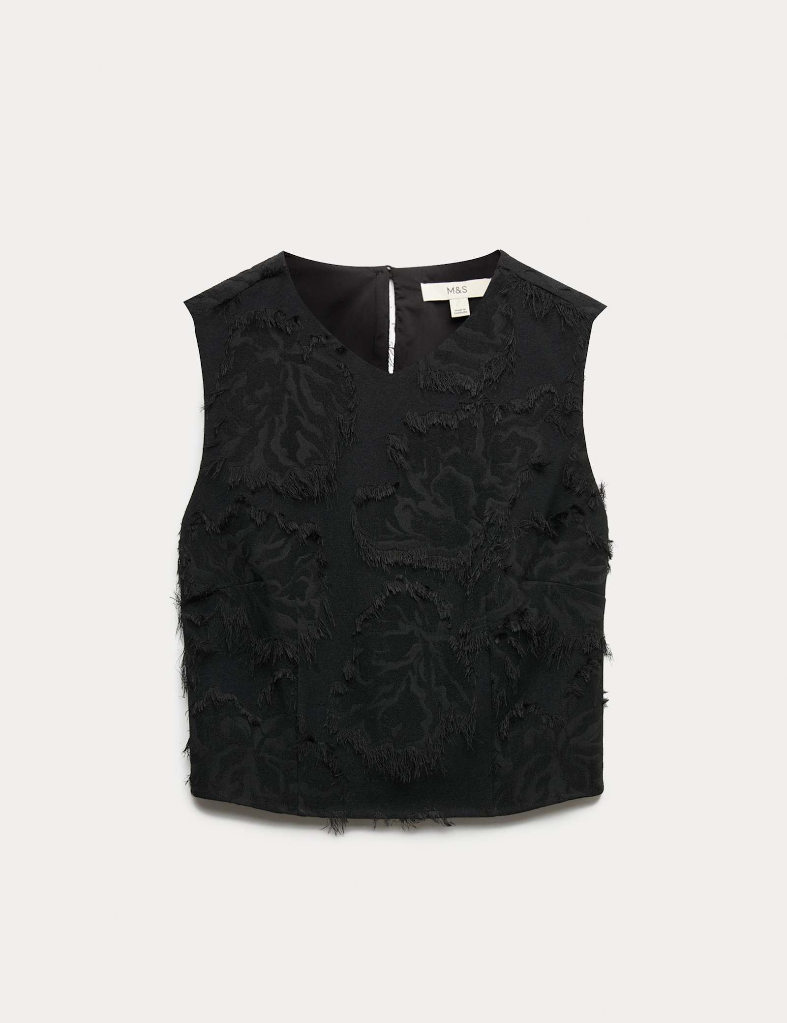 Floral Jacquard Fringed V-Neck Tailored Top - image 1