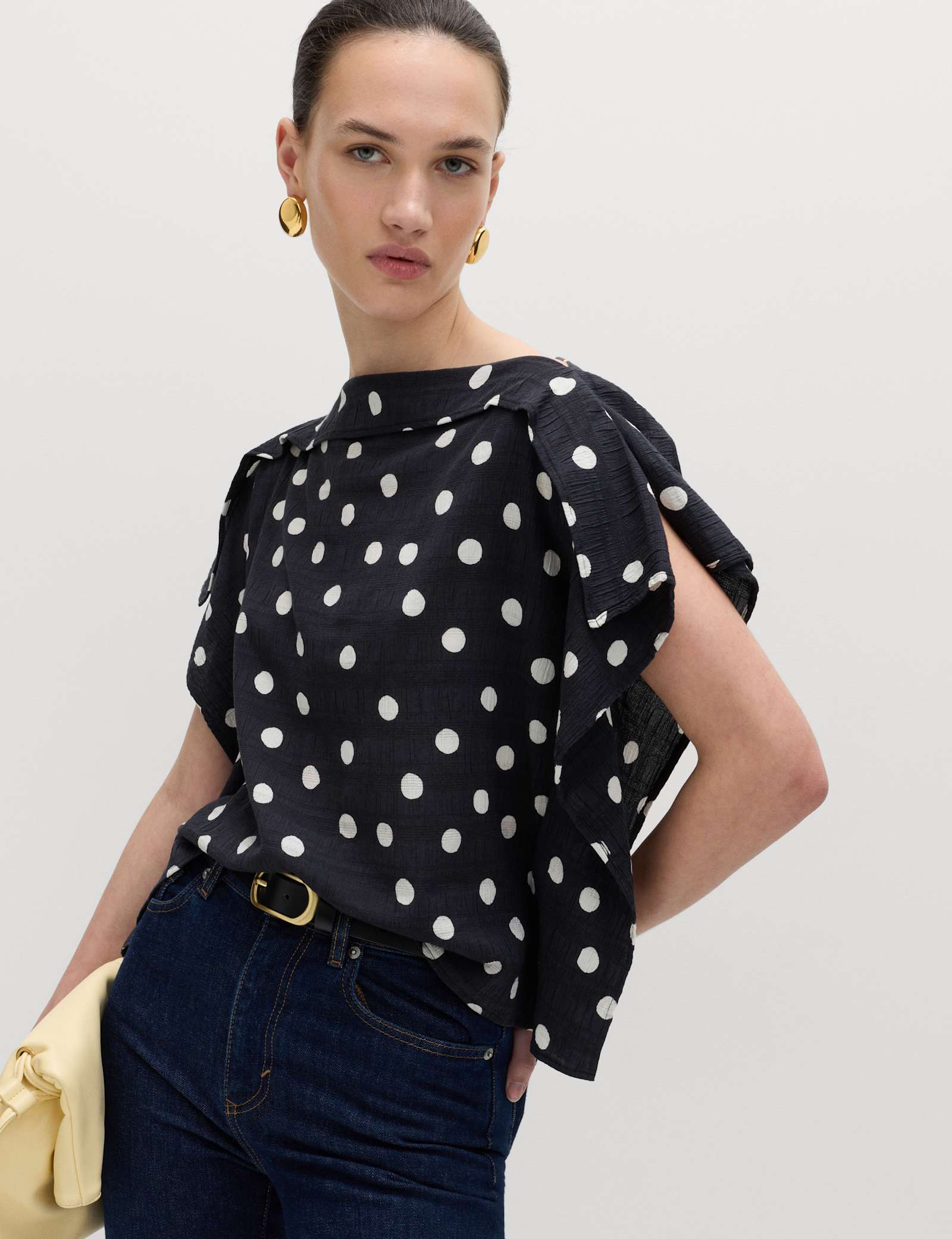Cotton Blend Spot Print Ruffle Draped Top - image 1