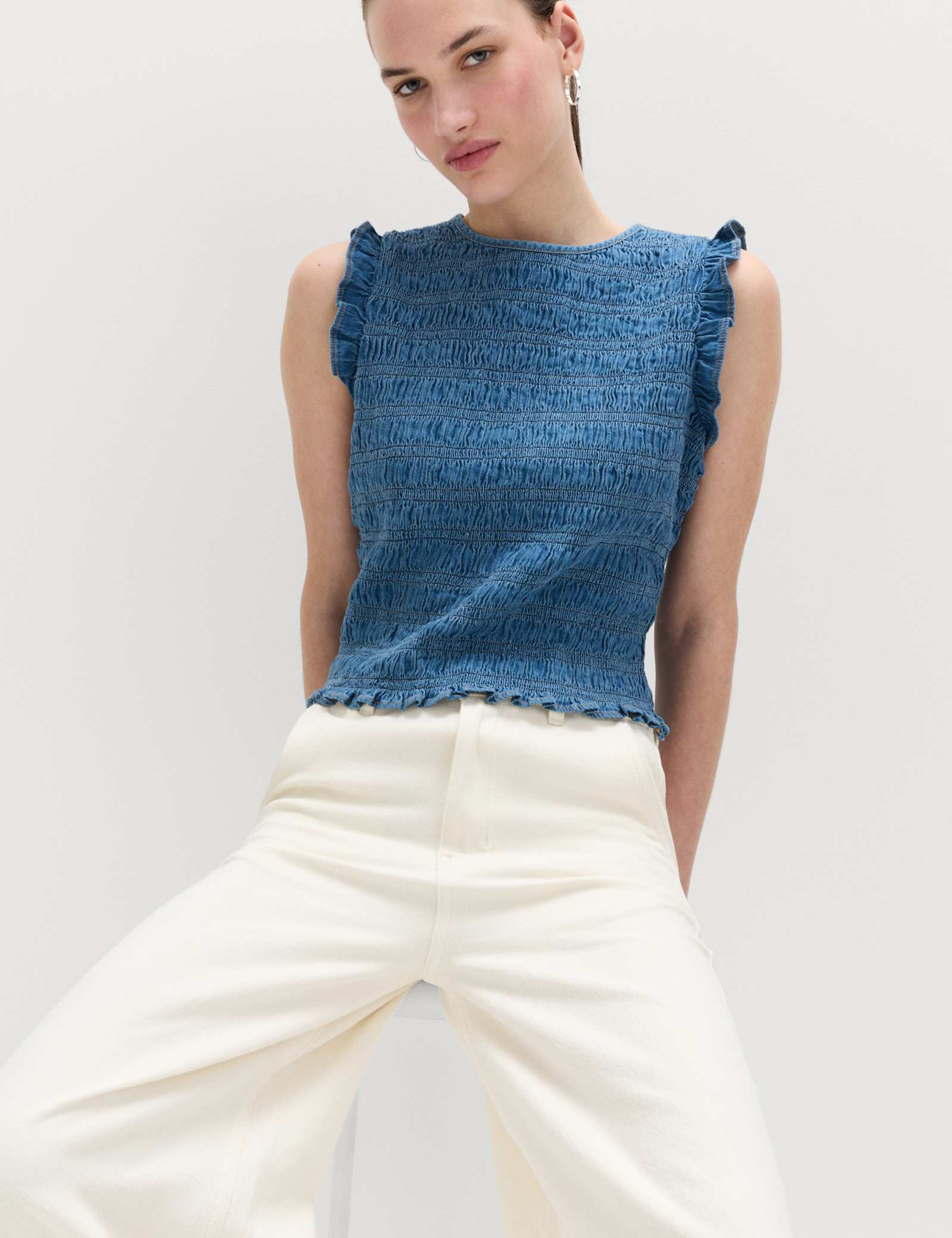 Denim Shirred Tank Top - image 2