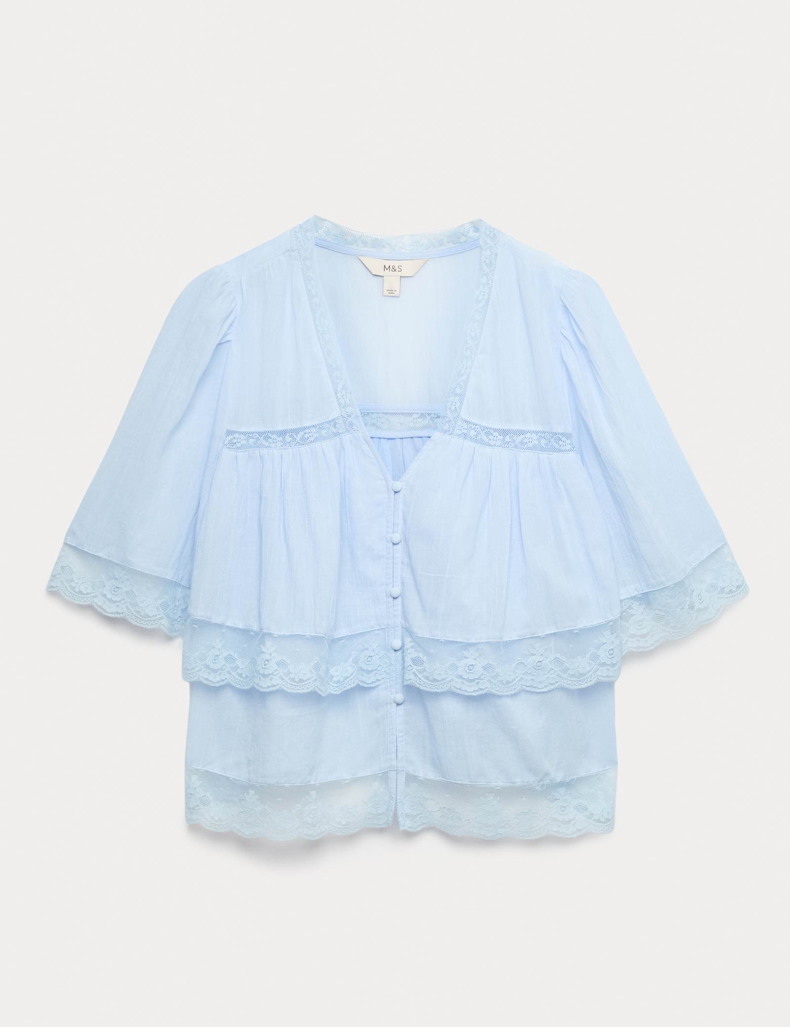 Pure Cotton V-Neck Lace Insert Blouse - image 1
