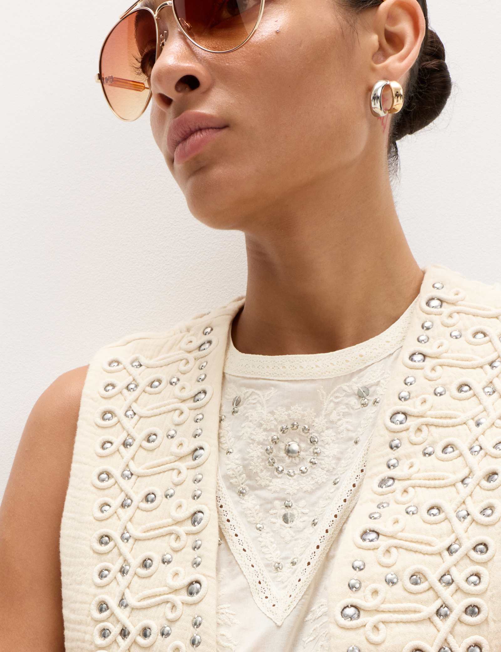 Pure Cotton Studded Embroidered Lace Trim Top - image 4