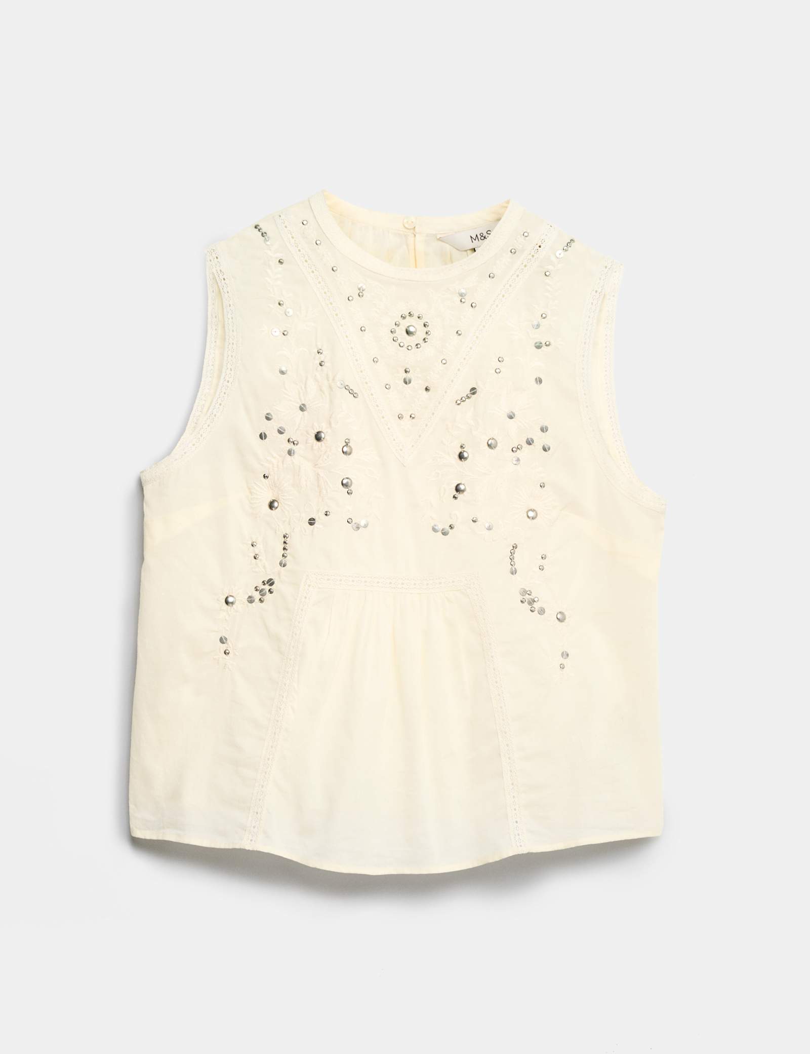 Pure Cotton Studded Embroidered Lace Trim Top - image 1