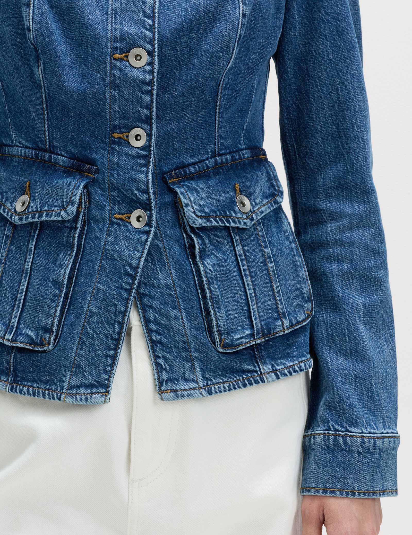 Denim Collarless Fitted Utility Jacket - image 5
