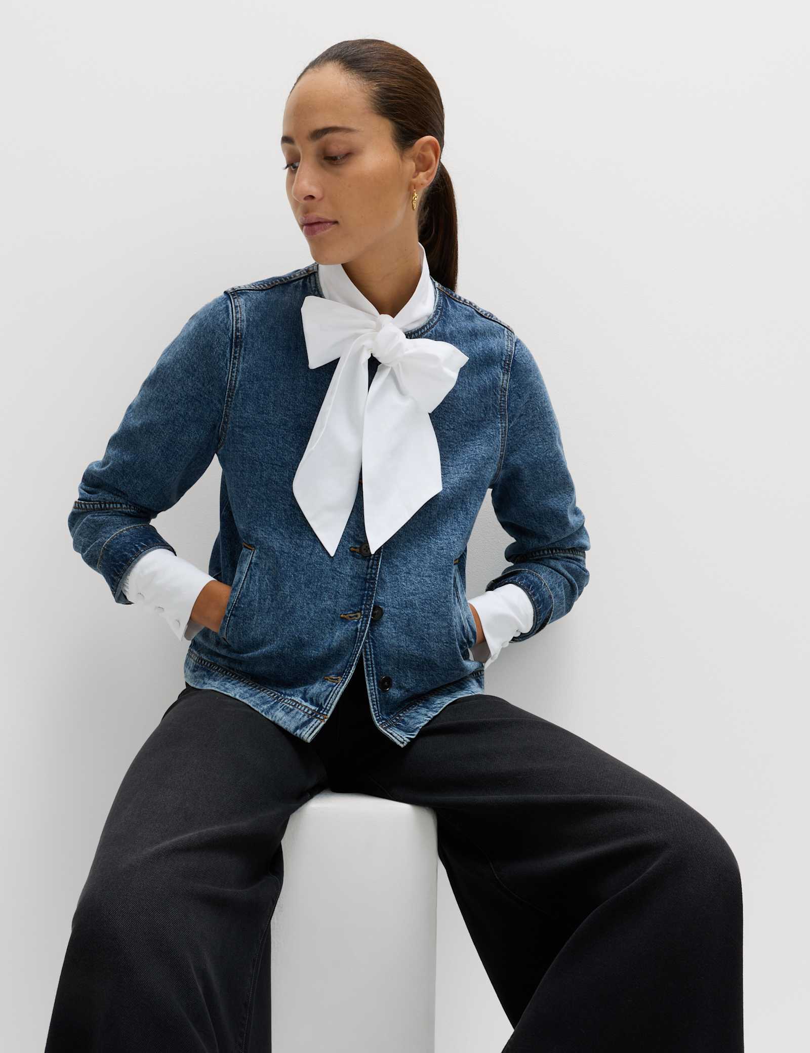 Denim Collarless Jacket - image 5