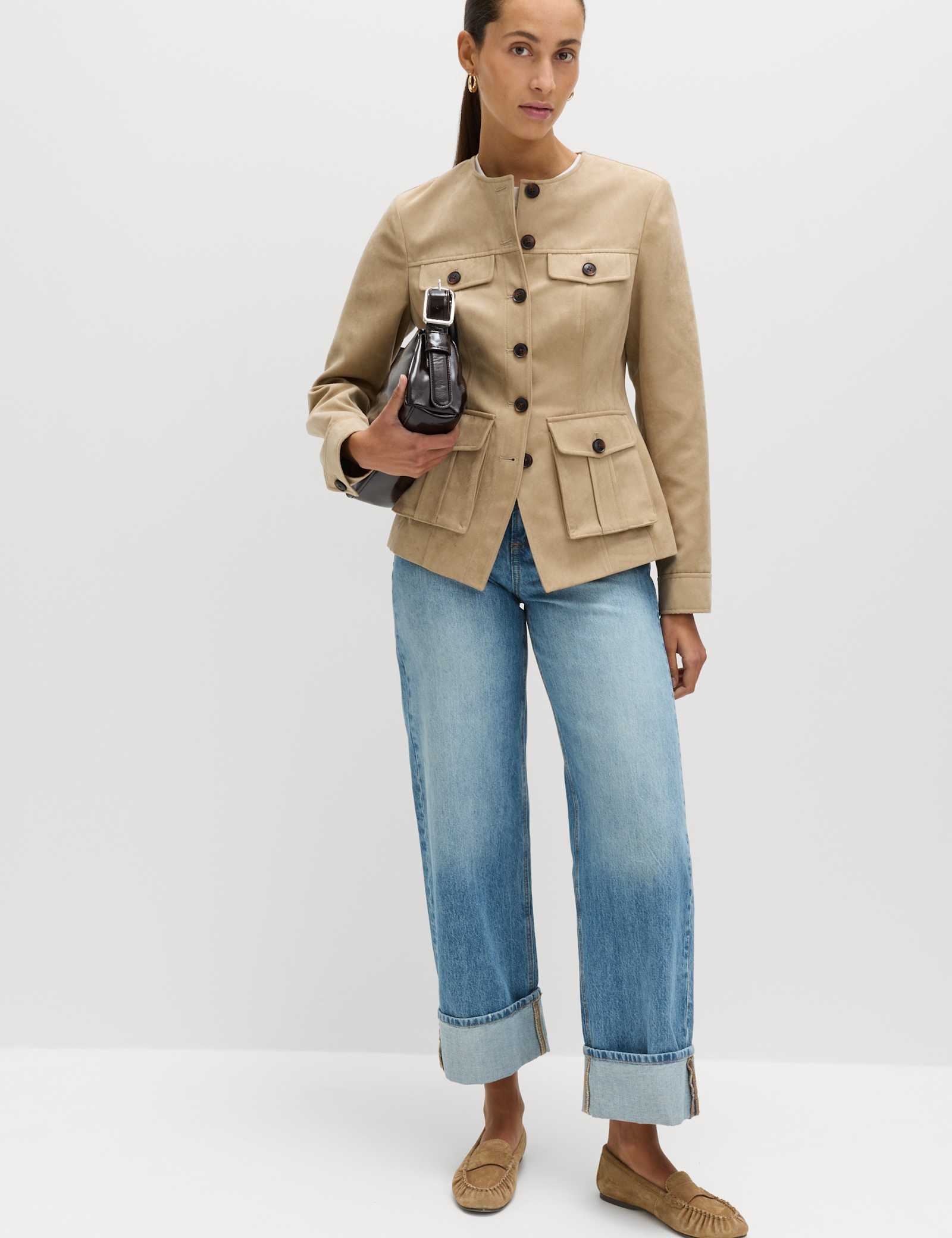 Suedette Colarless Utility Jacket - image 2