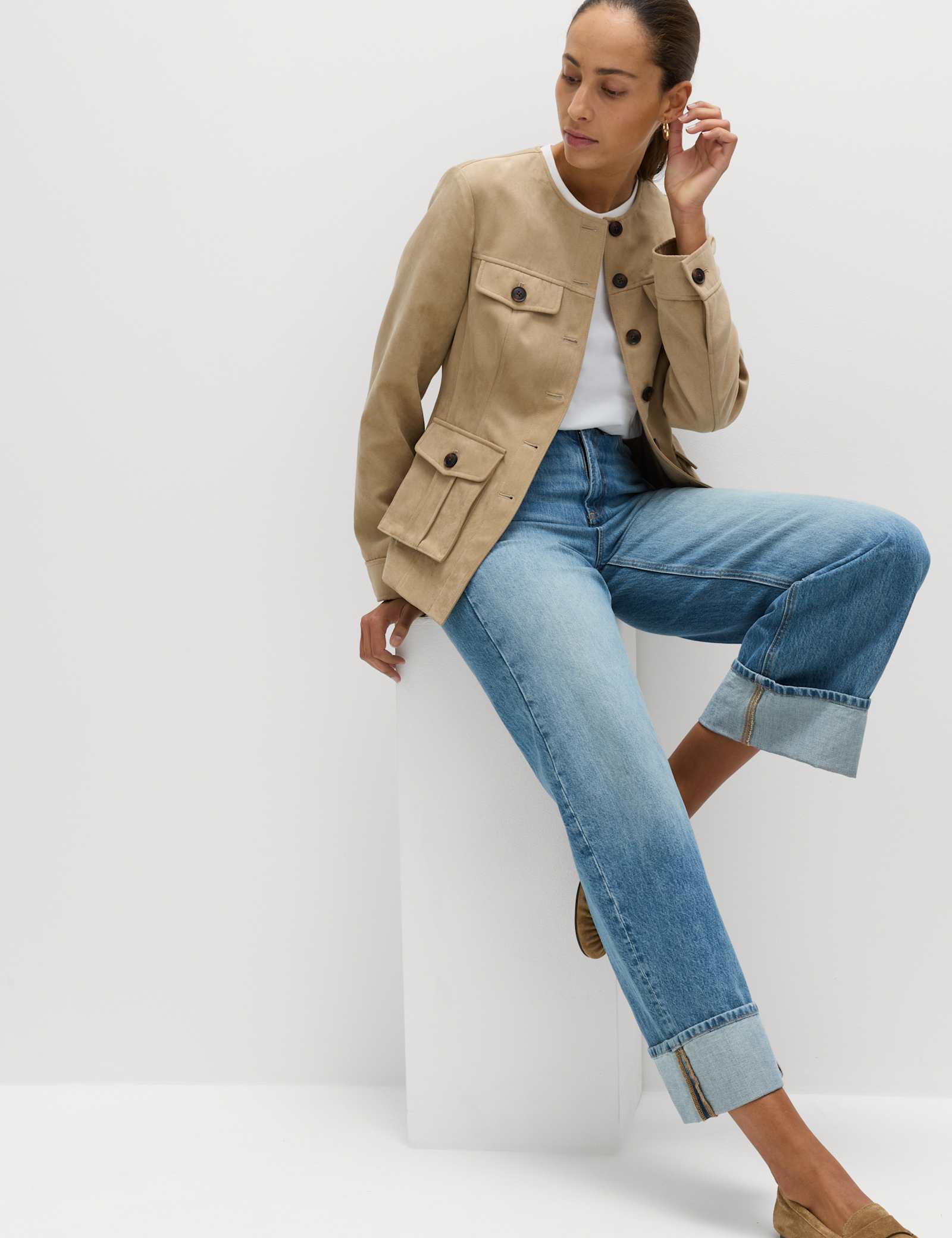 Suedette Colarless Utility Jacket - image 4