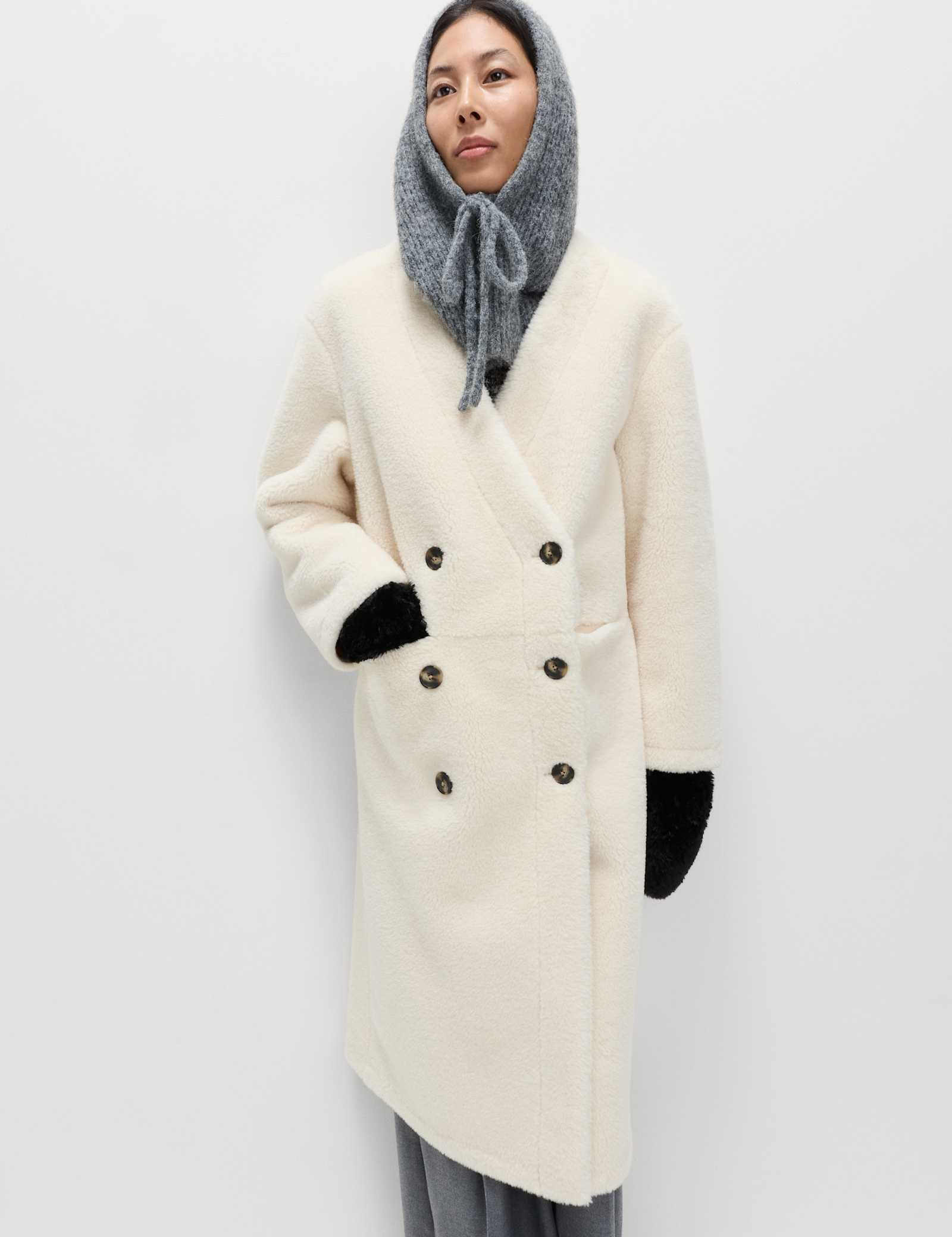 Borg Collarless Double Breasted Longline Coat - image 4