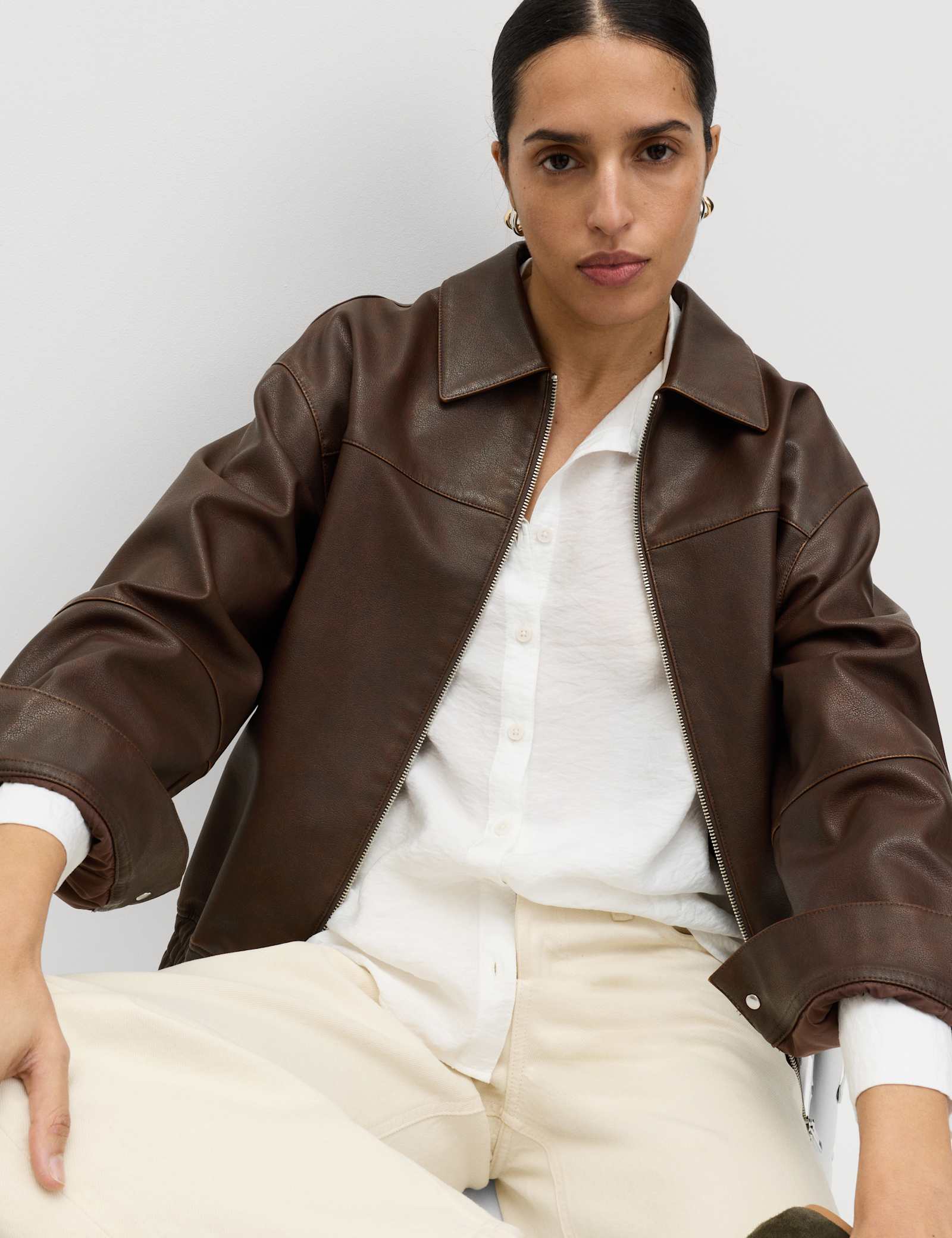 Faux Leather Aged Collared Bomber Jacket - image 5