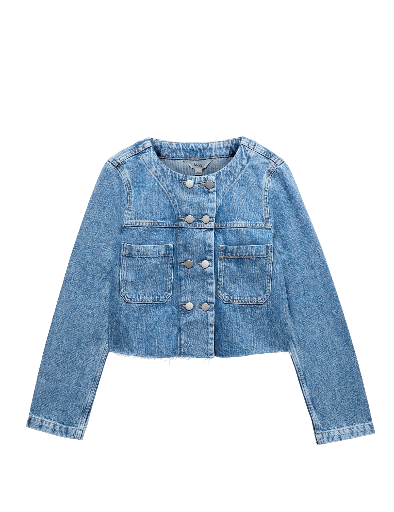 Denim Collarless Double-Breasted Cropped Jacket - image 3