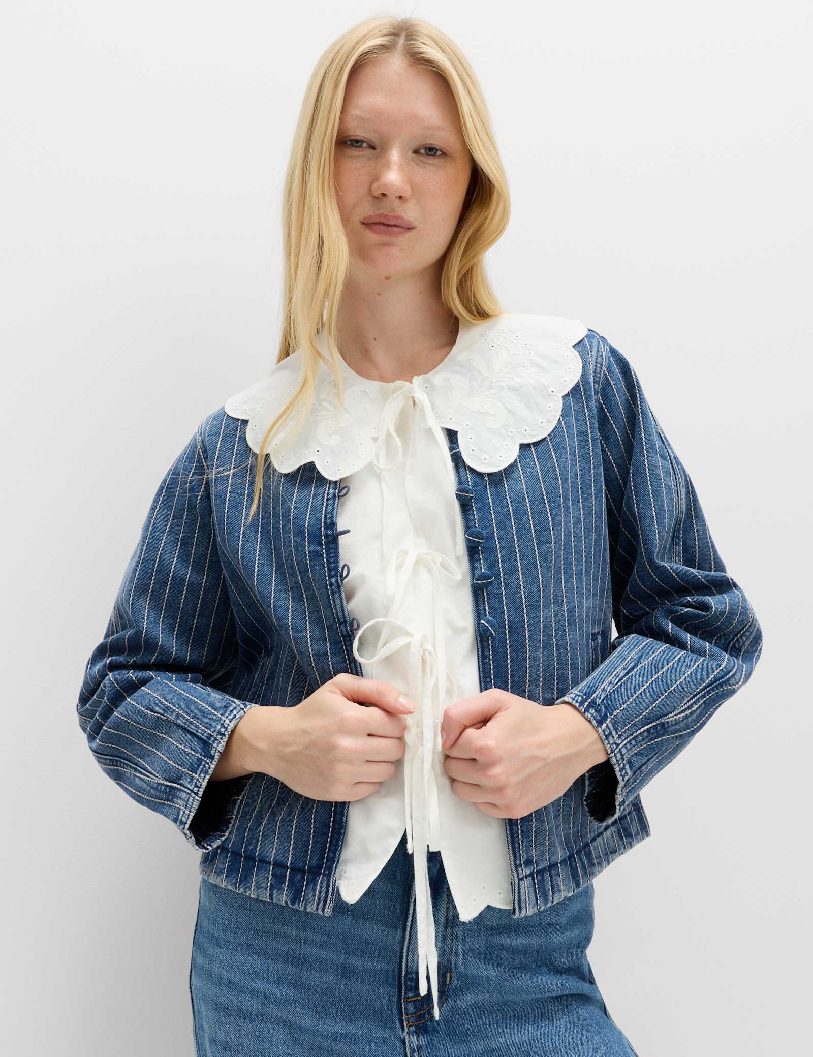 Denim Striped Collarless Jacket - image 4
