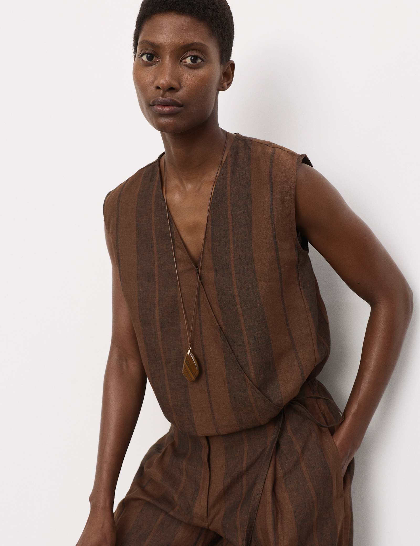 Pure Flax Linen Striped Wrap Top - image 2