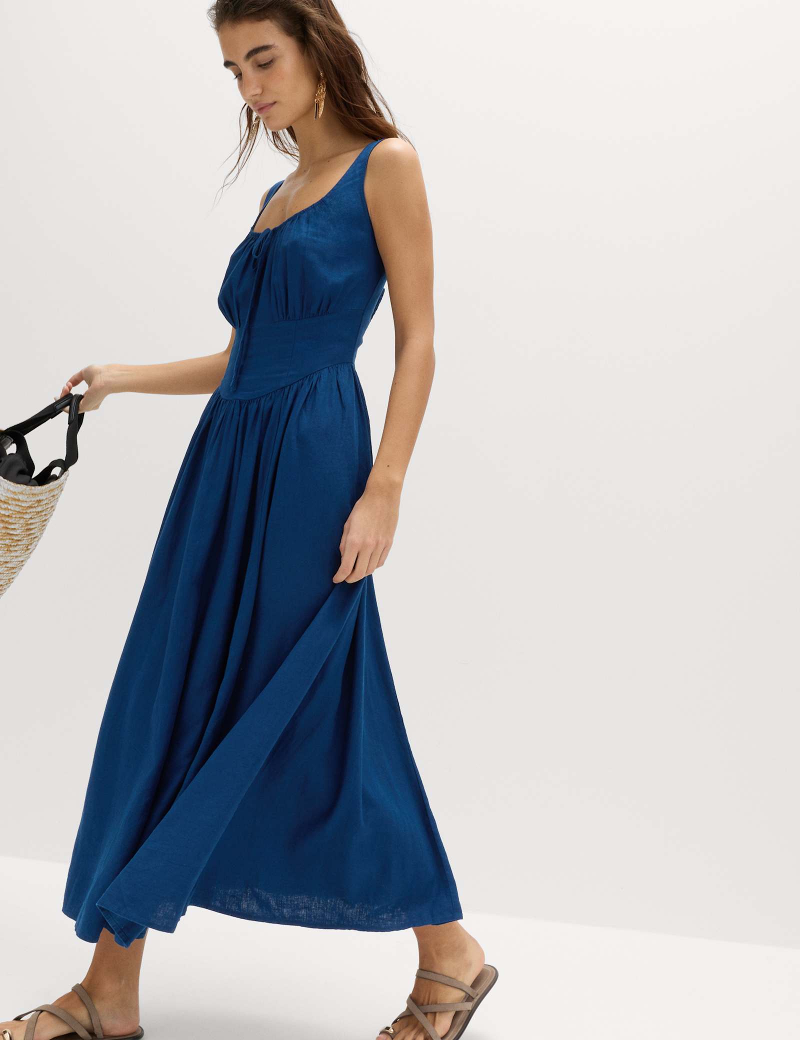 Linen Rich Round Neck Strappy Midi Swing Dress - image 2