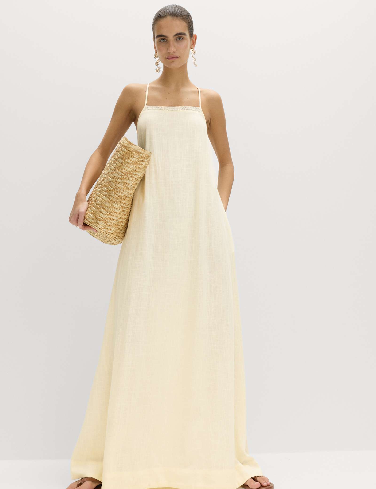 Square Neck Lace Insert Maxi Shift Dress with Linen - image 3