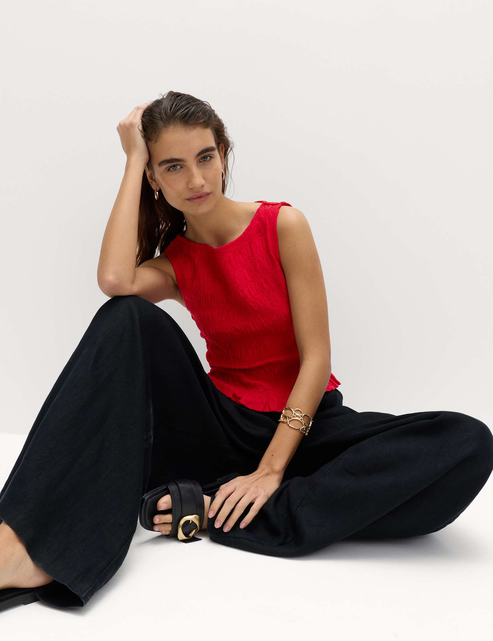 Slash Neck Shirred Top with Linen - image 3