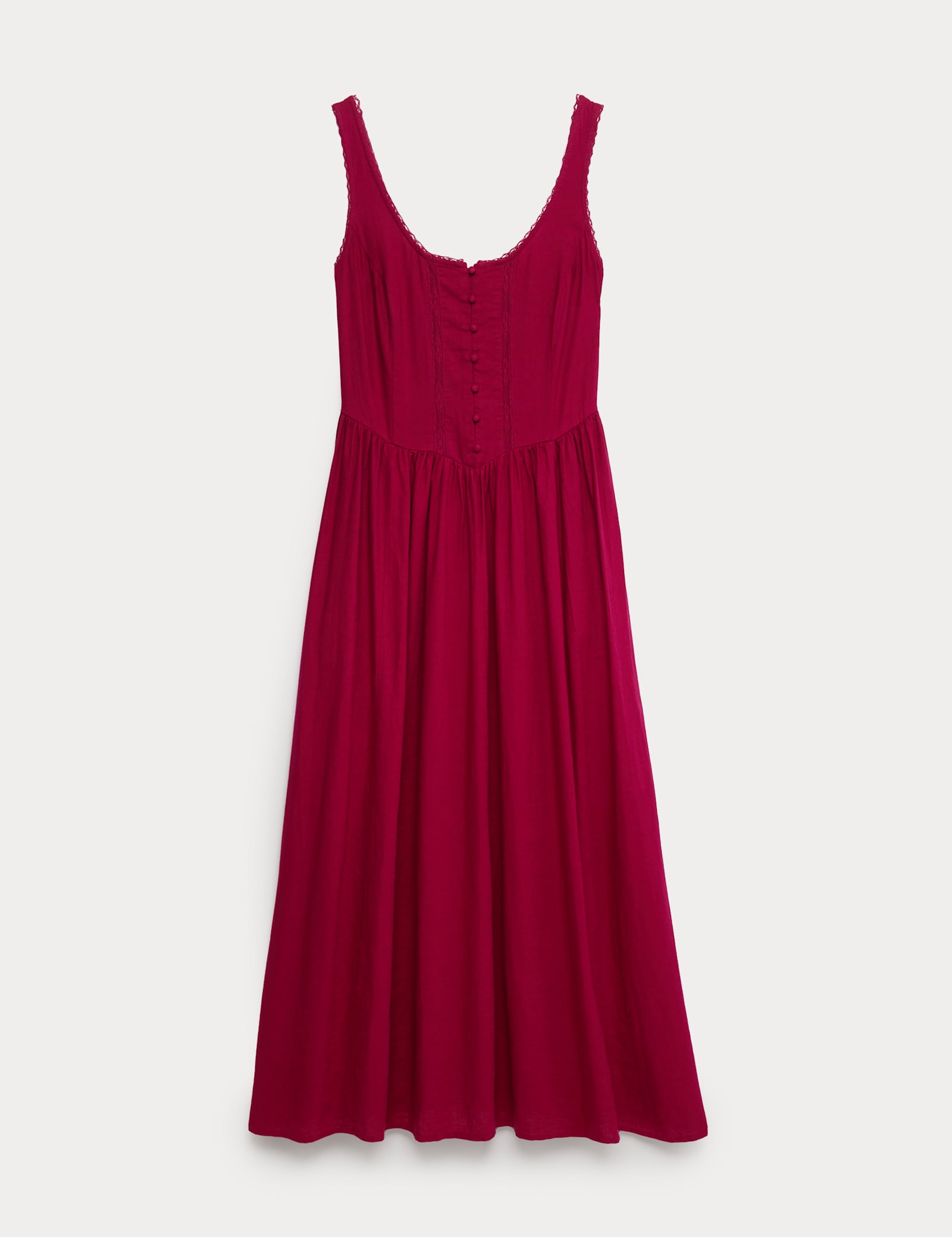 Linen Rich Scoop Neck Lace Insert Midi Waisted Dress - image 1