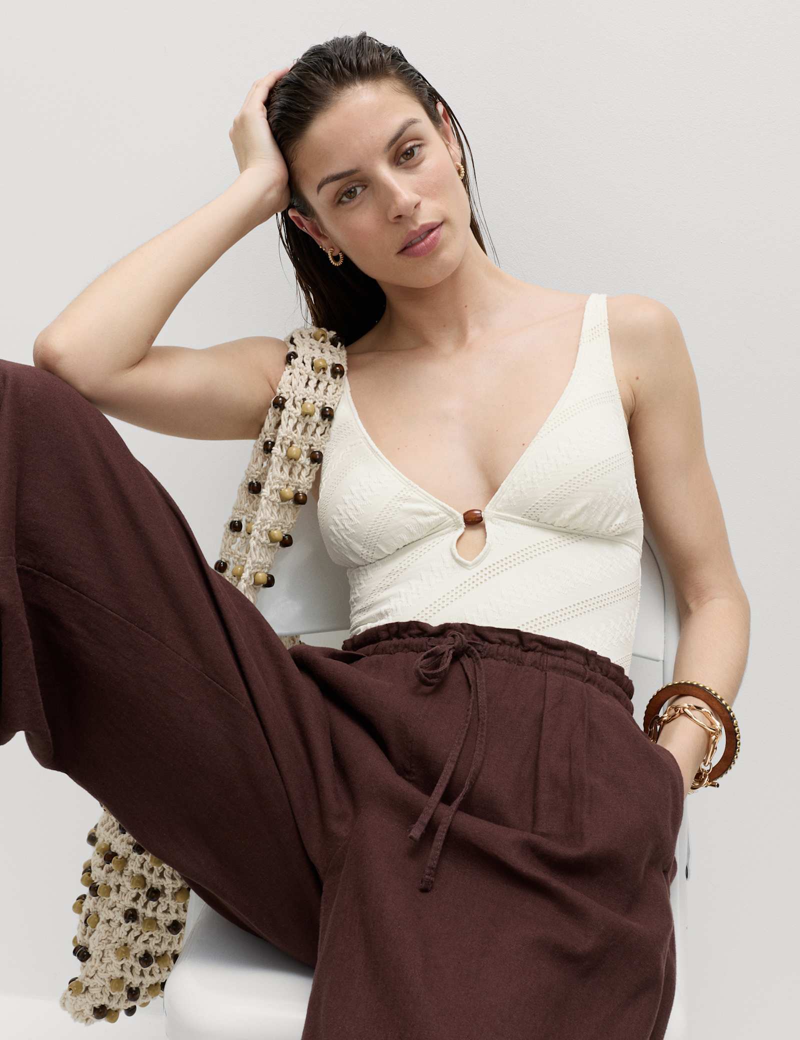 Textured Padded Bead Detail Plunge Swimsuit - image 5