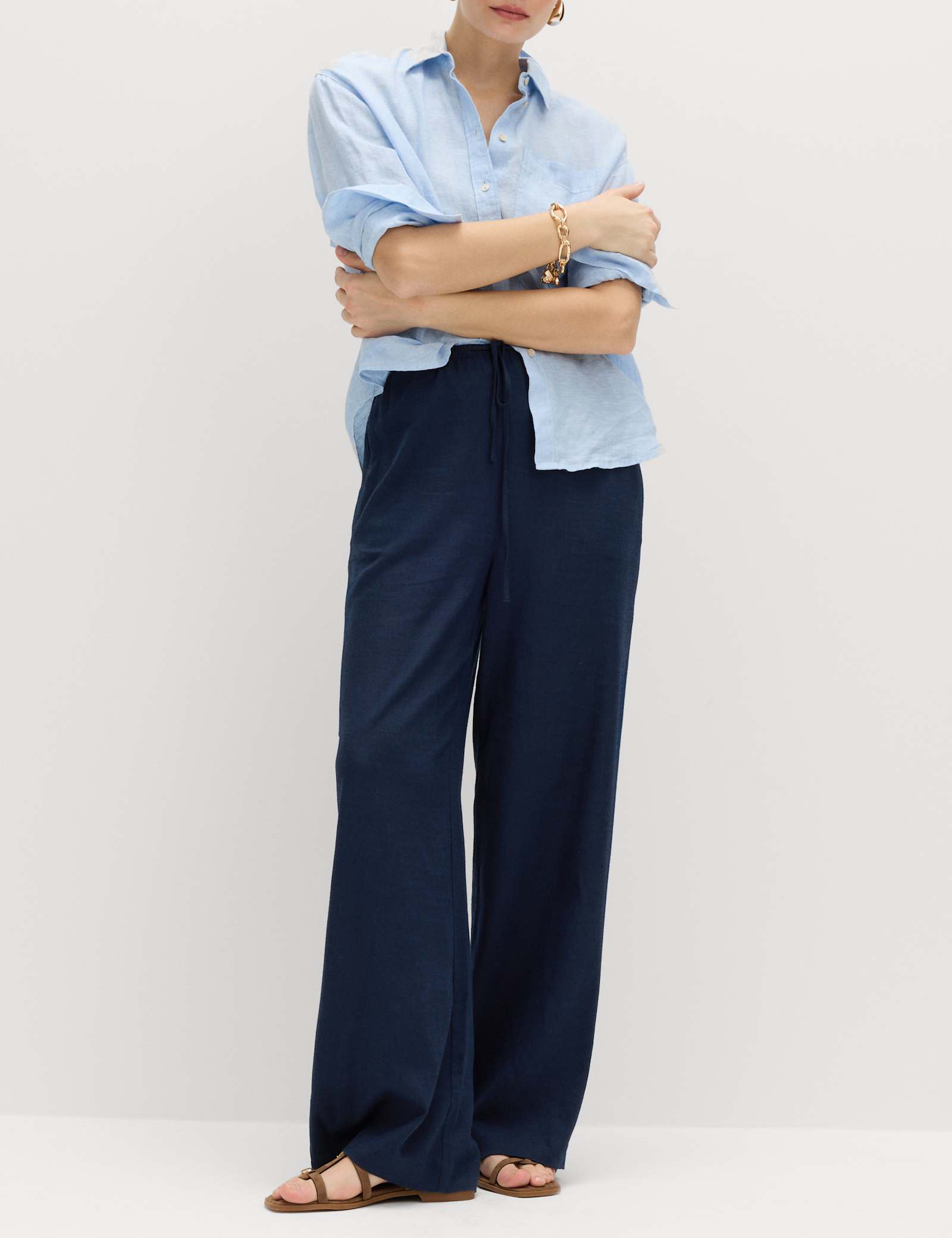 Drawstring Wide Leg Trousers with Linen - image 4