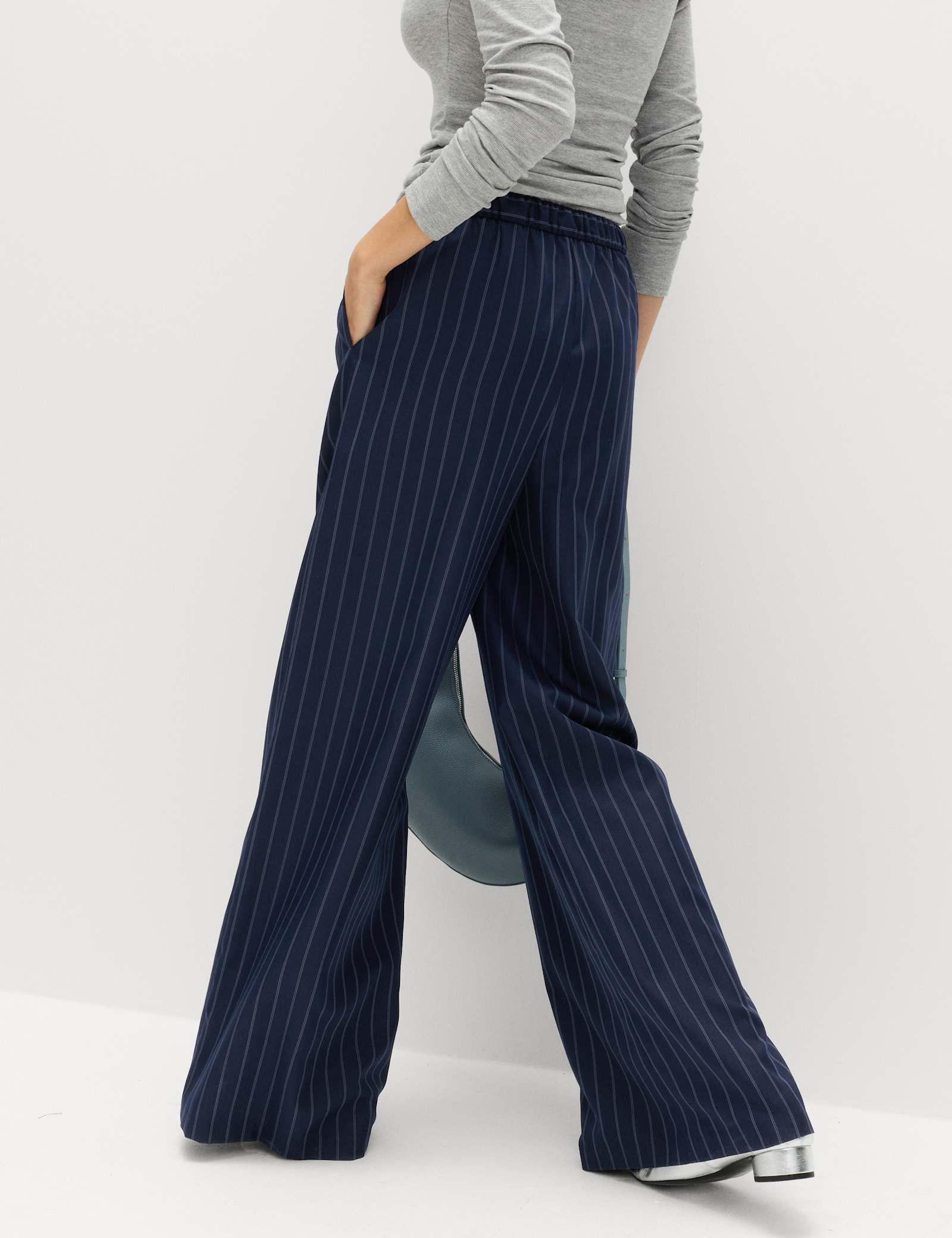 Pinstripe Elasticated Waist Wide Leg Trousers - image 4