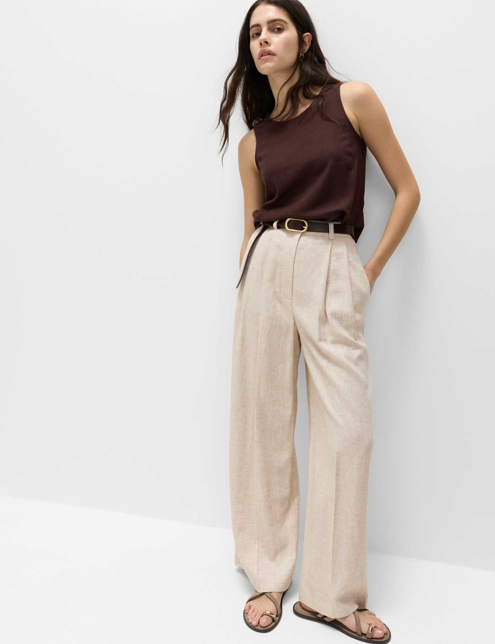 Linen Blend Pleat Front Wide Leg Trousers - image 2