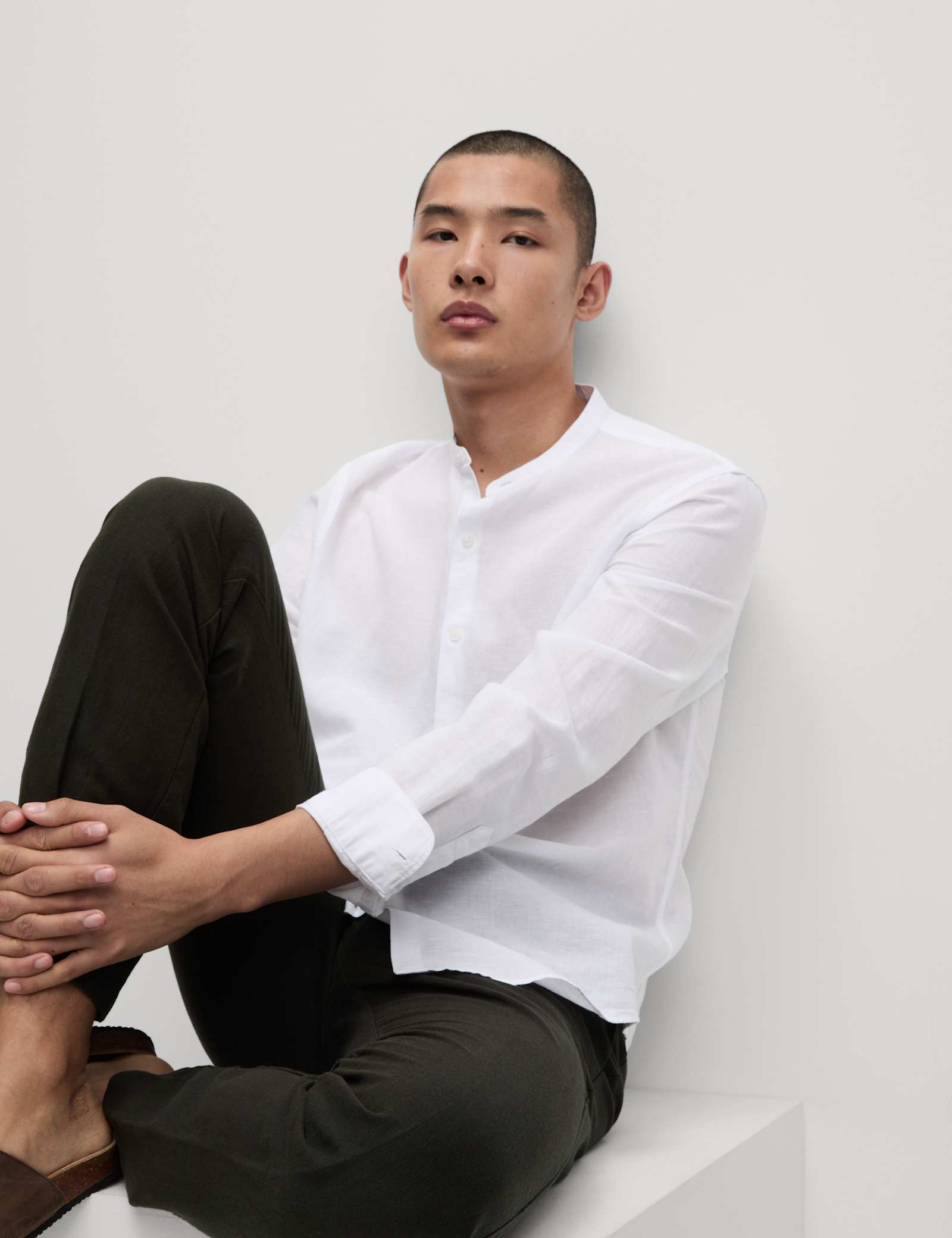 Cotton Linen Blend Grandad Collar Shirt - image 4