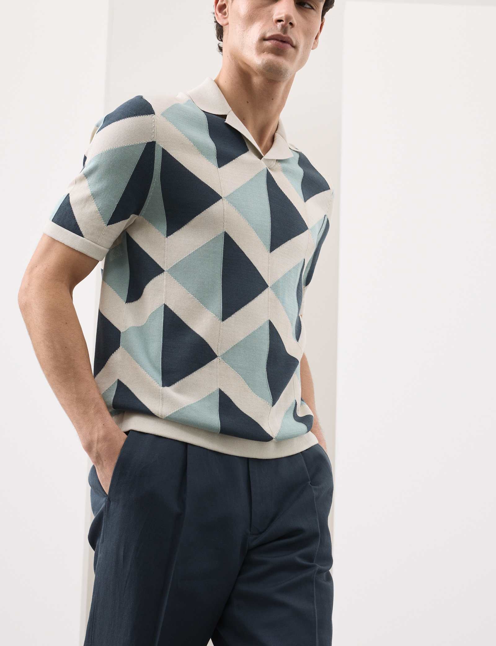 Mercerised Cotton Open Neck Knitted Polo Shirt - image 2