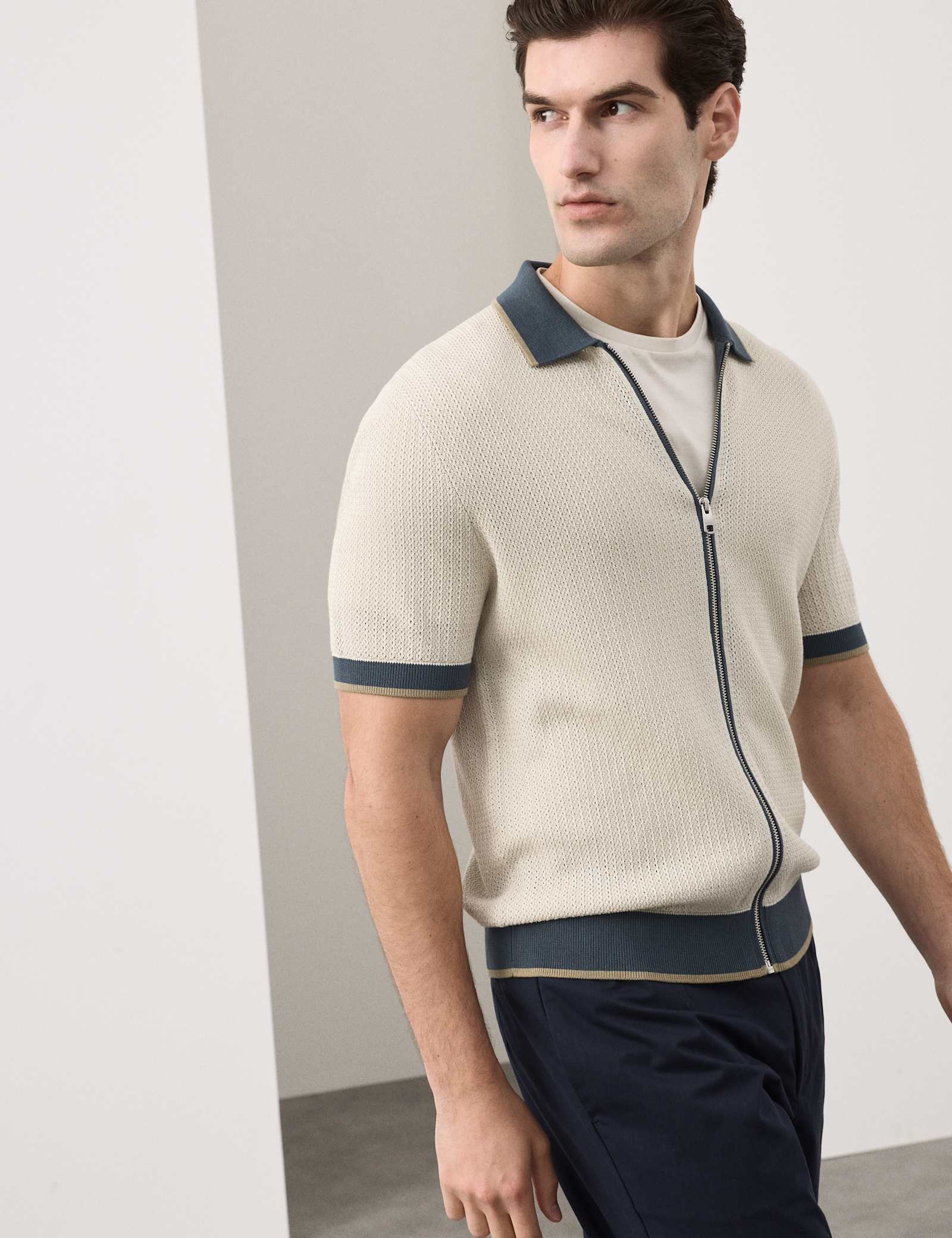 Pure Cotton Linear Stitch Zip Knitted Polo - image 2