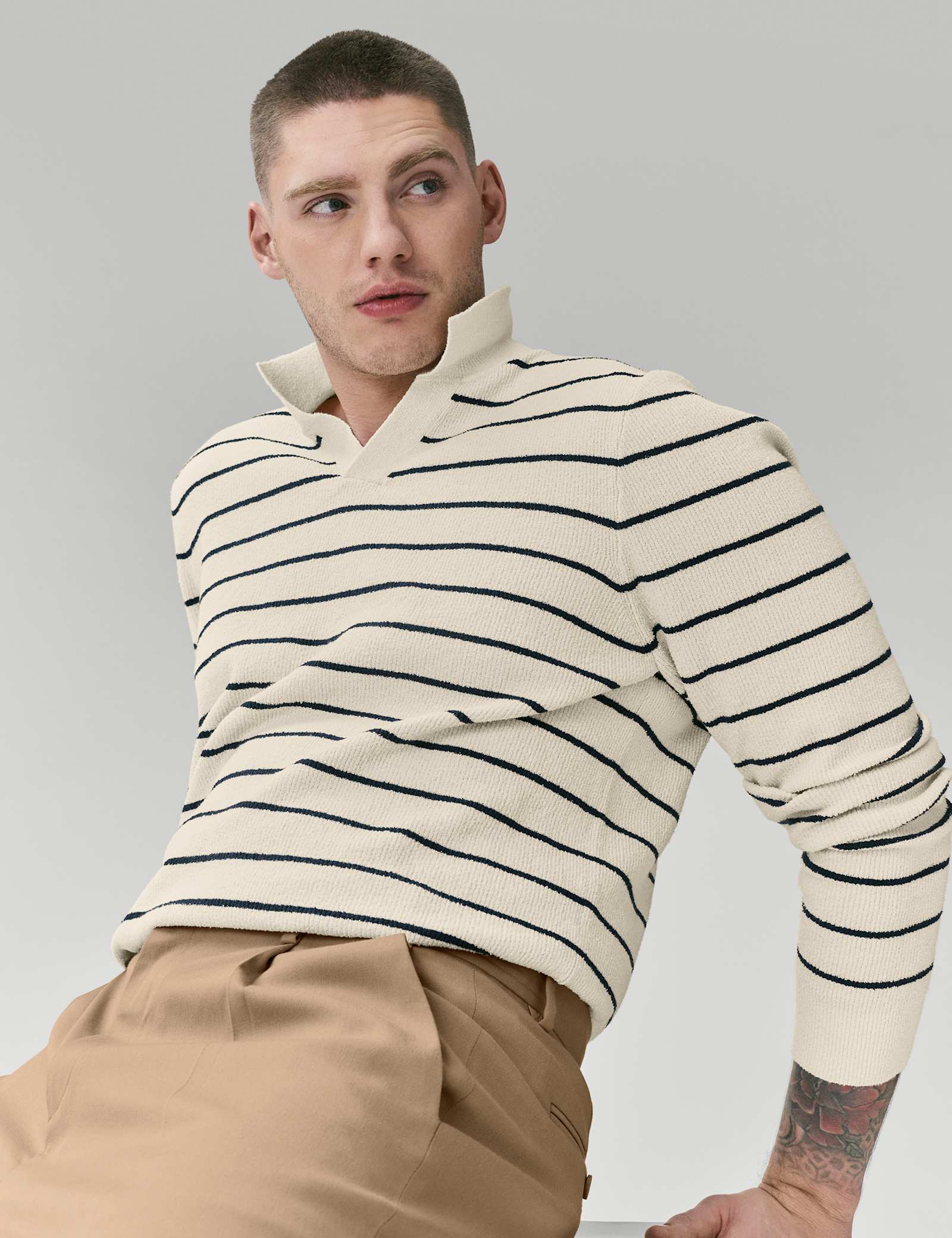 Cotton Rich Boucle Striped Open Neck Jumper - image 4