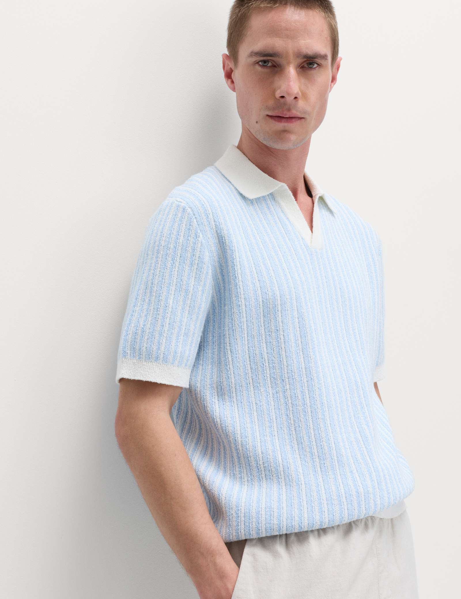 Boucle Striped Open Neck Knitted Polo Shirt - image 4