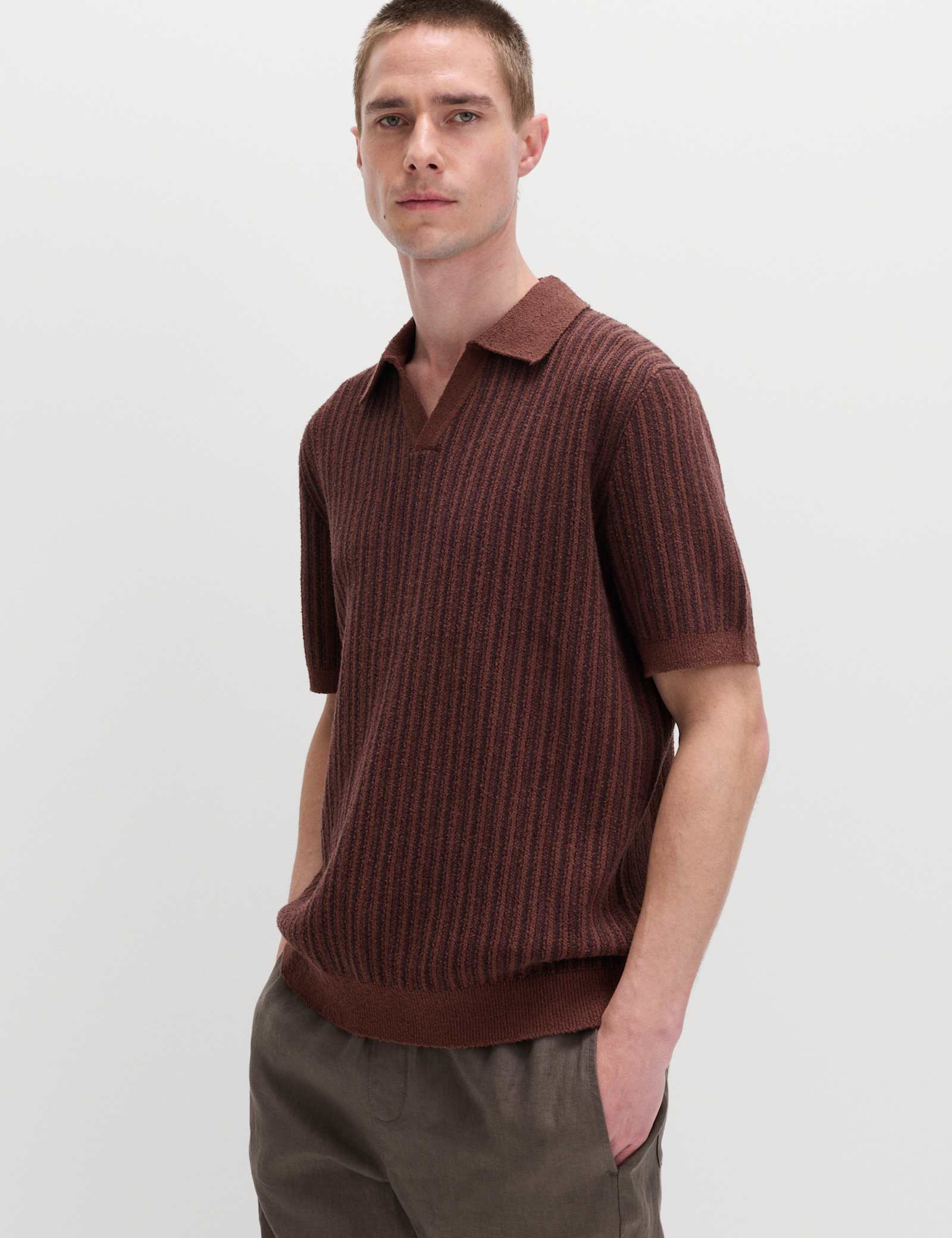 Boucle Striped Open Neck Knitted Polo Shirt - image 3
