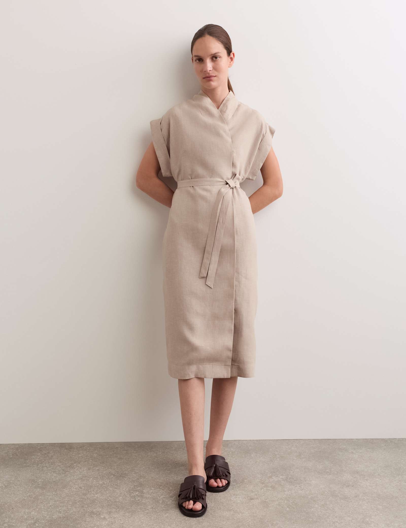 Pure Linen V-Neck Midi Wrap Dress - image 2