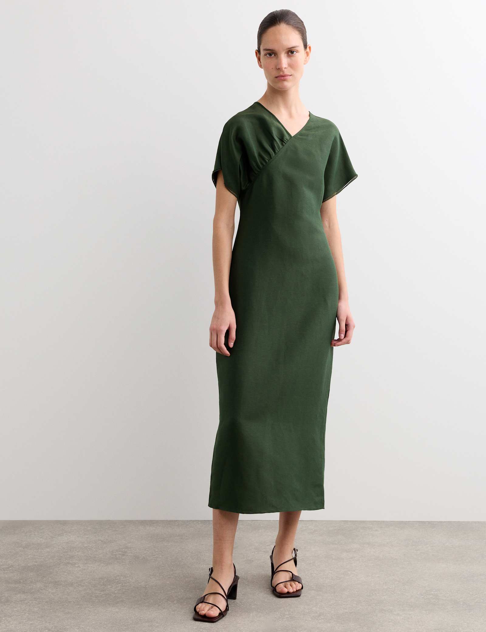 Linen Rich V-Neck Midi Wrap Dress - image 2