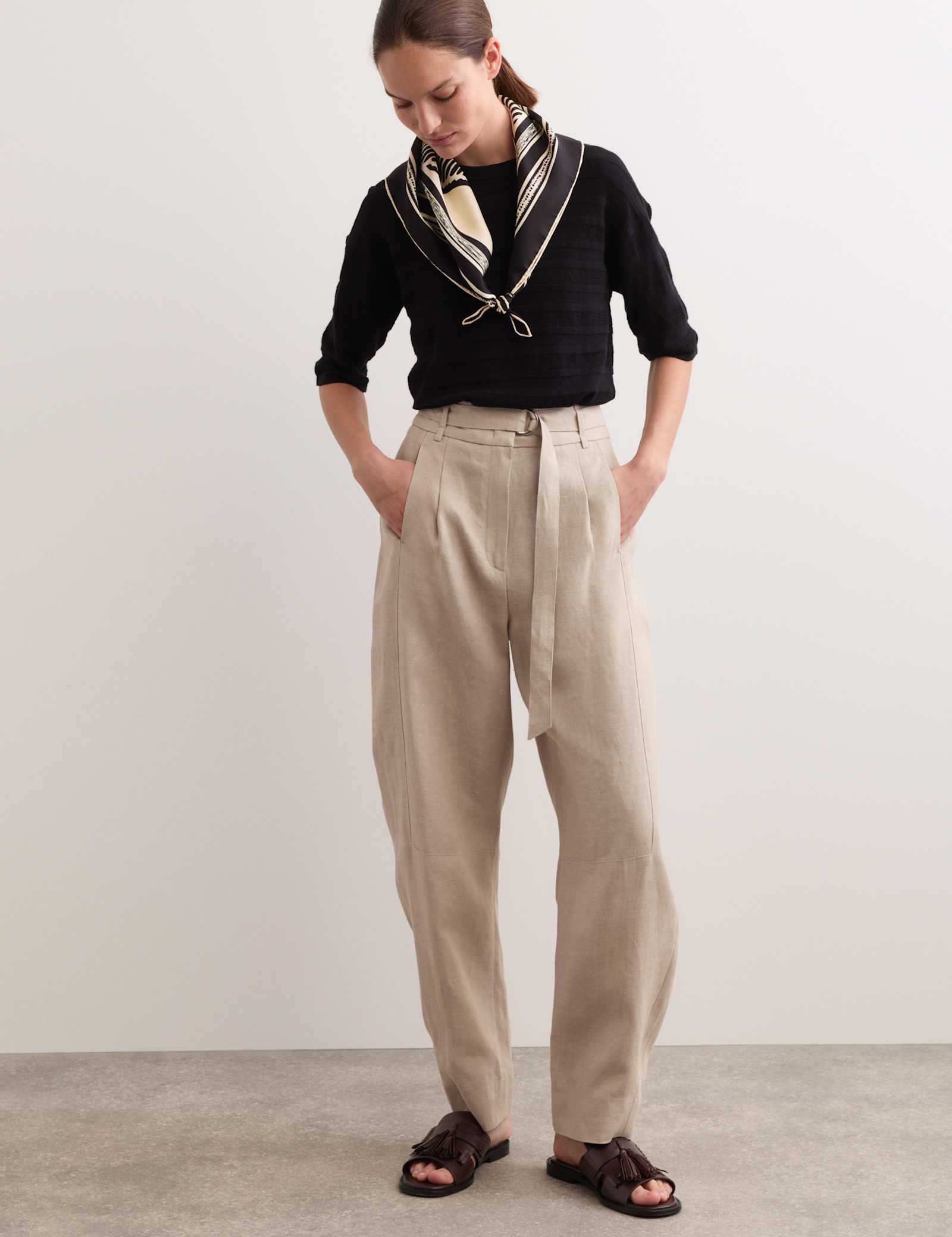 Pure Linen Belted Barrel Leg Trousers - image 2