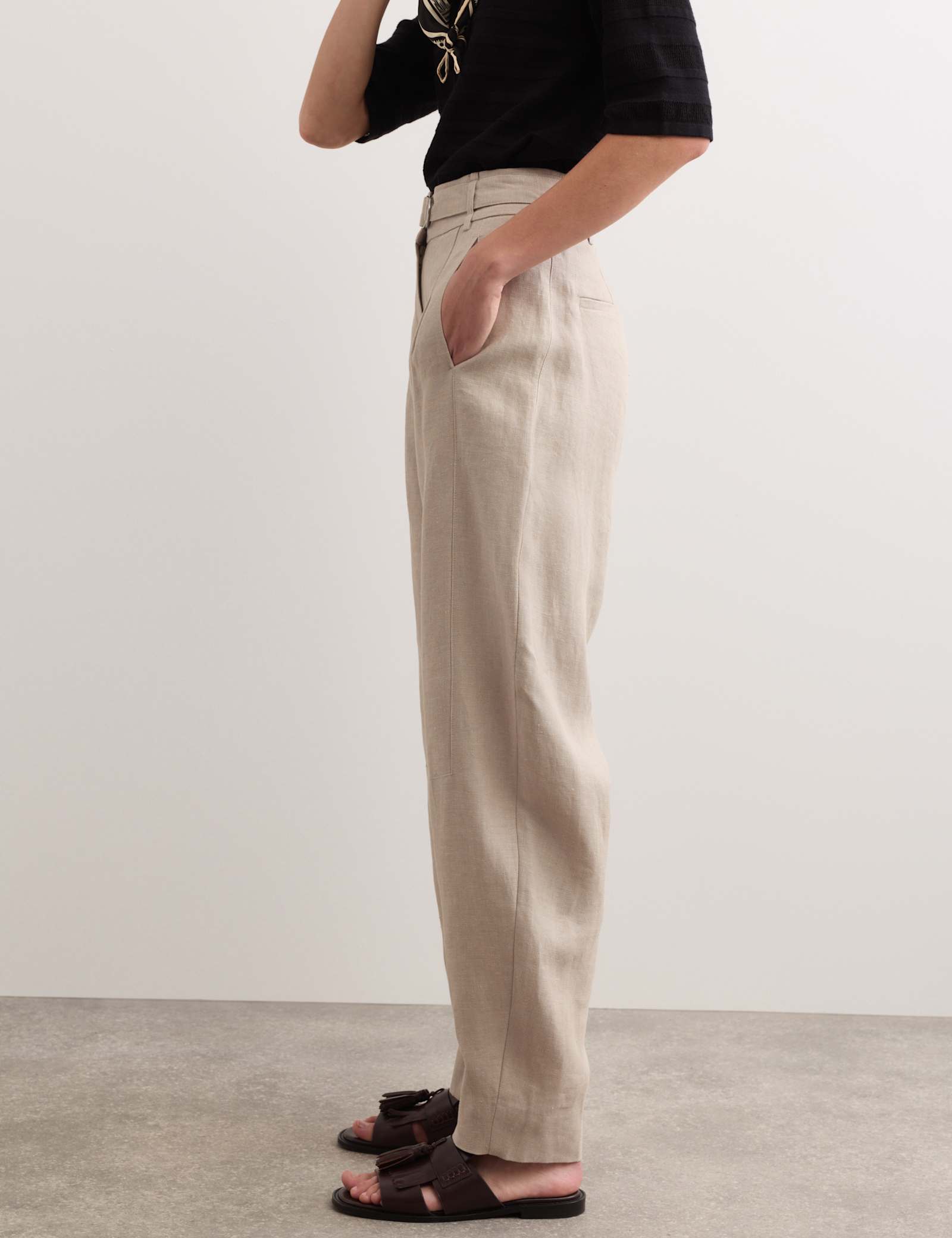 Pure Linen Belted Barrel Leg Trousers - image 4