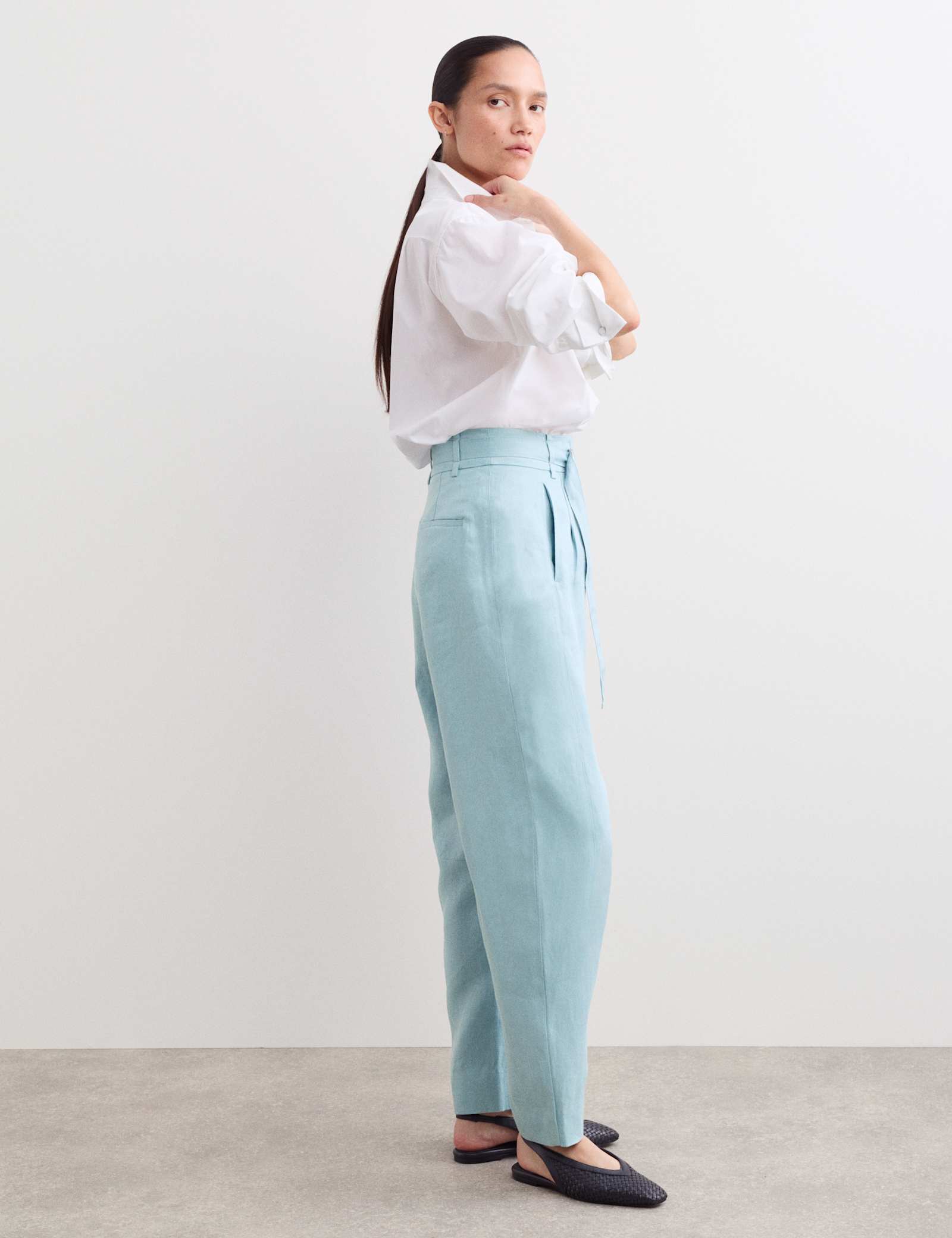 Pure Linen Belted Barrel Leg Trousers - image 5