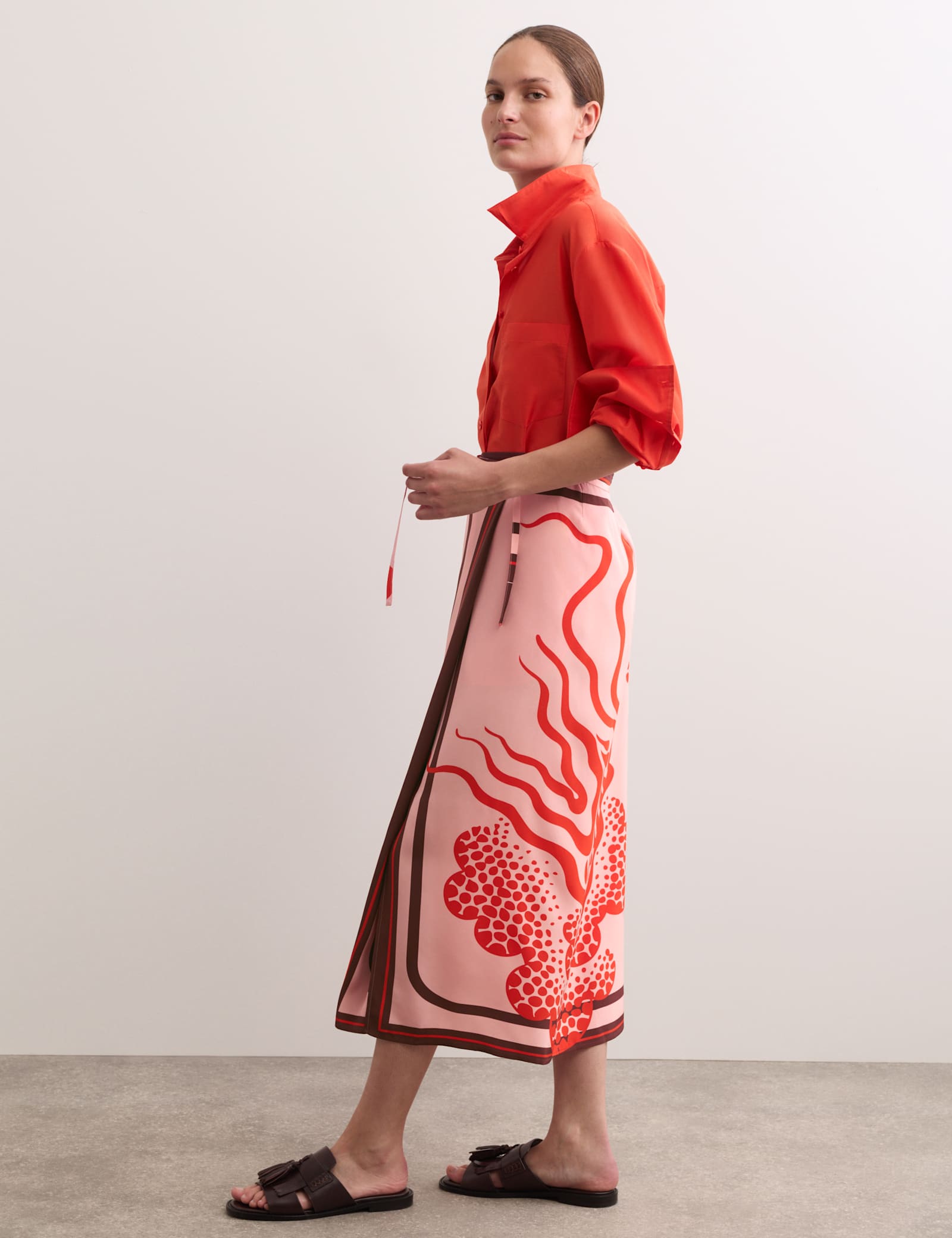 Pure Silk Linear Wave Print Midi Wrap Skirt - image 5
