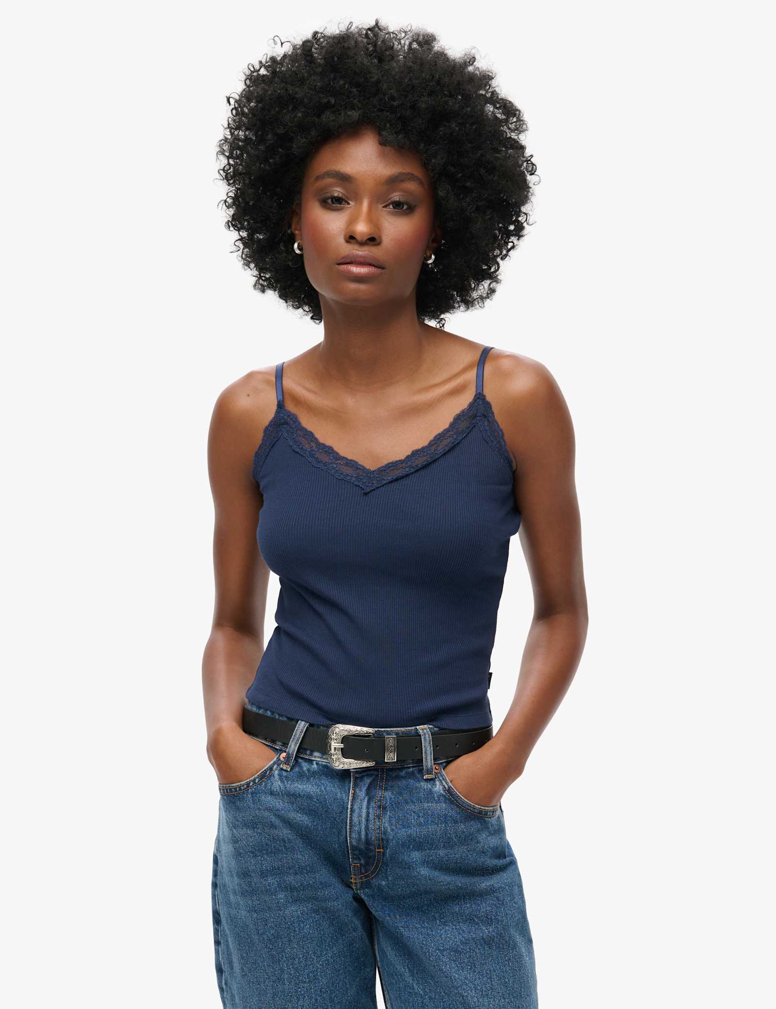Pure Cotton Ribbed V-Neck Lace Trim Cami Top - image 2