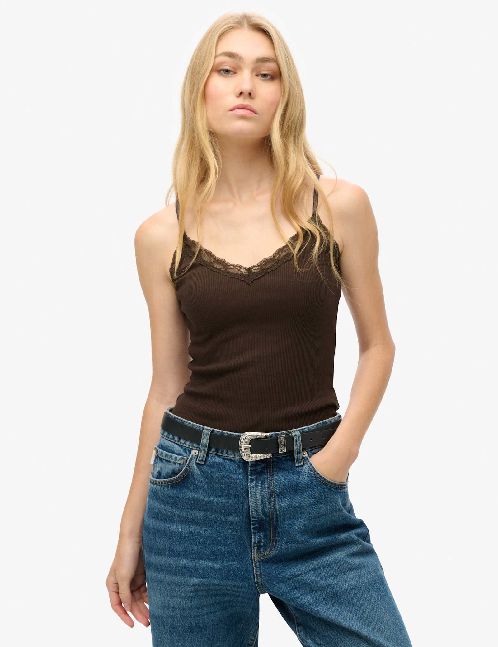 Pure Cotton Ribbed V-Neck Lace Trim Cami Top - image 1