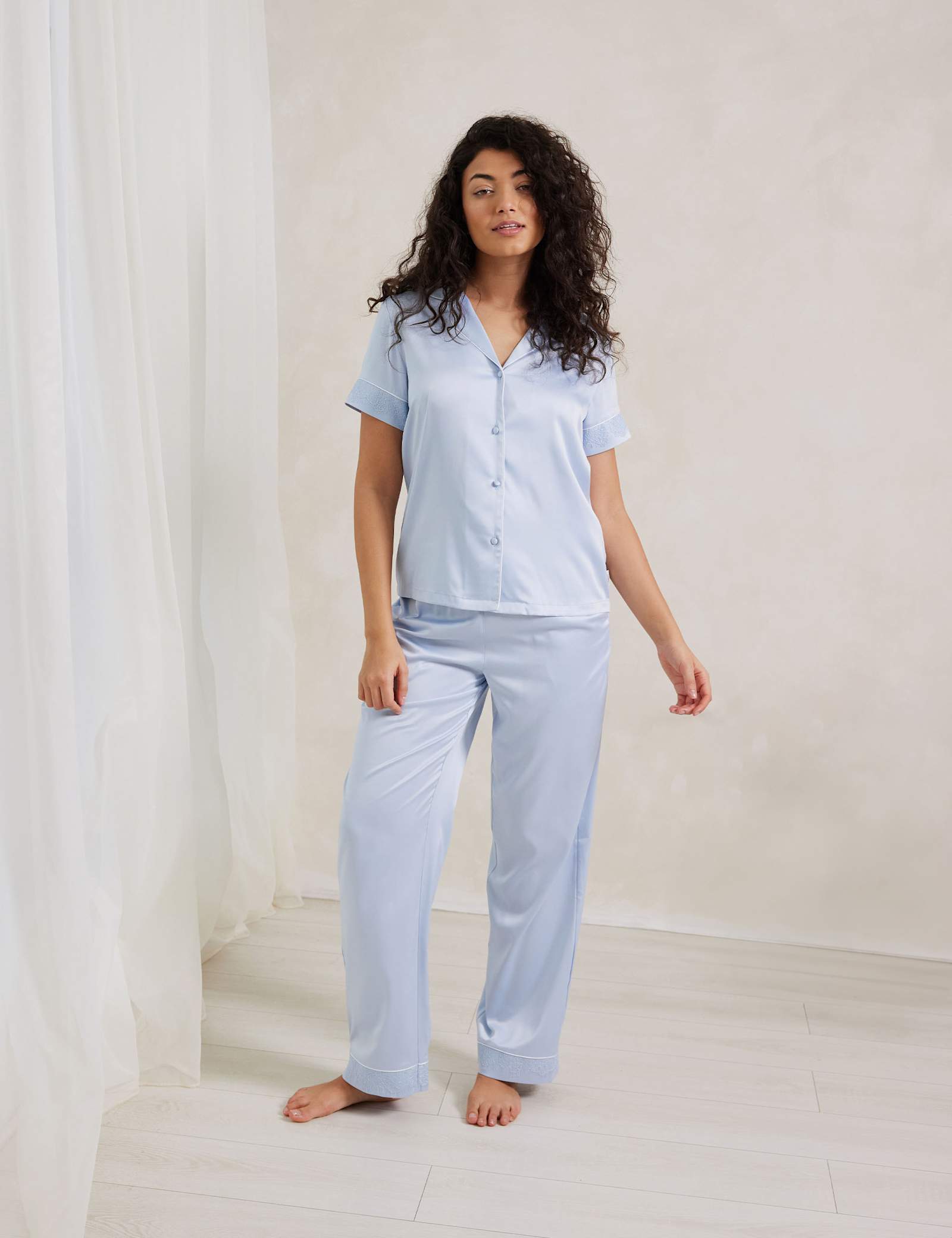 Satin Lace Trim Button Up Pyjama Set - image 3
