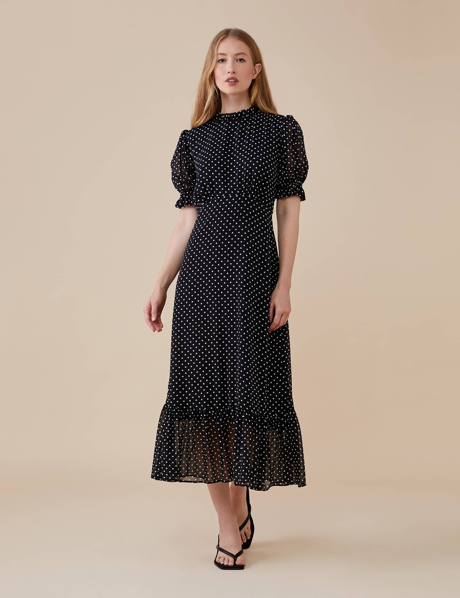 Polka Dot High Neck Midi Waisted Dress - image 2