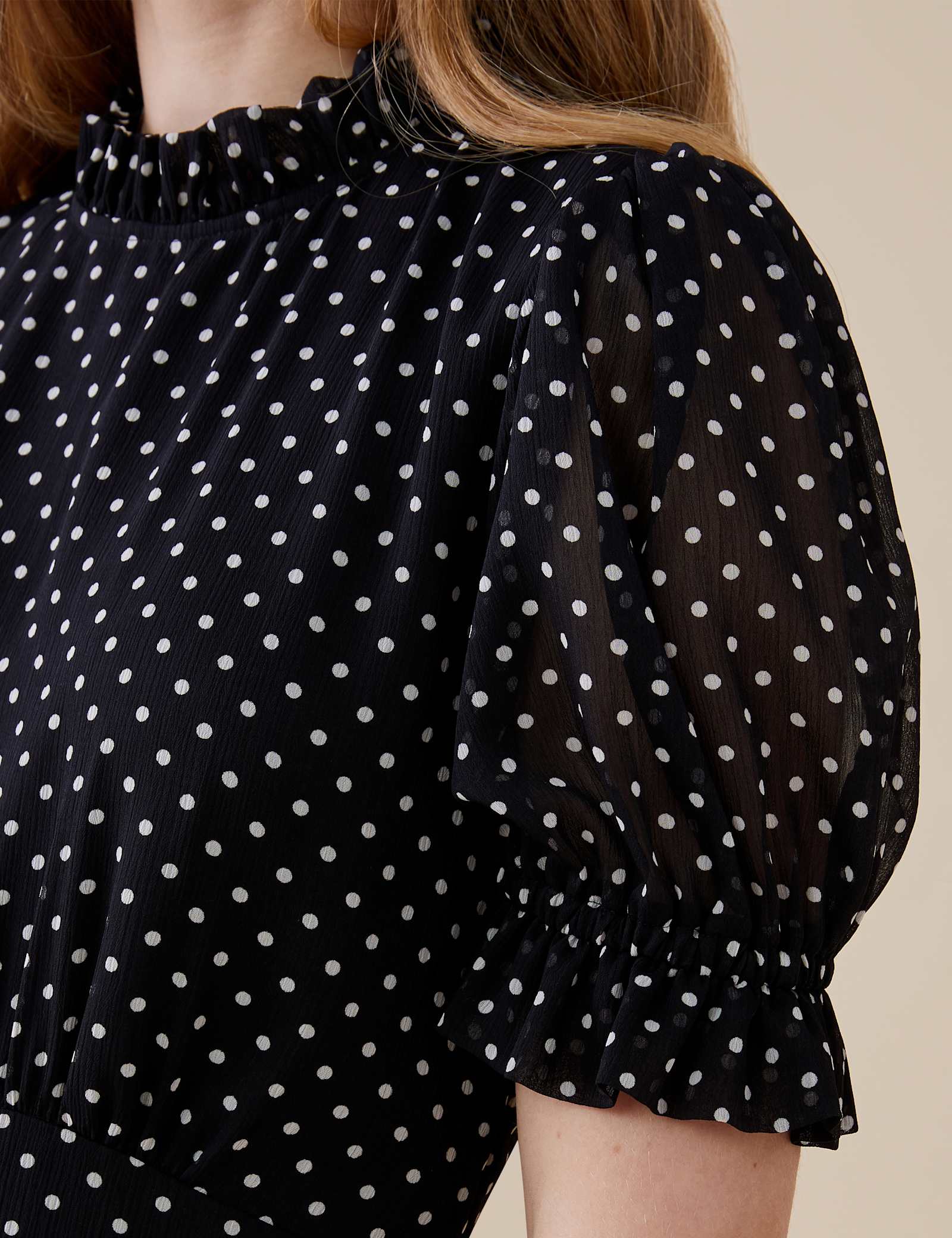 Polka Dot High Neck Midi Waisted Dress - image 3