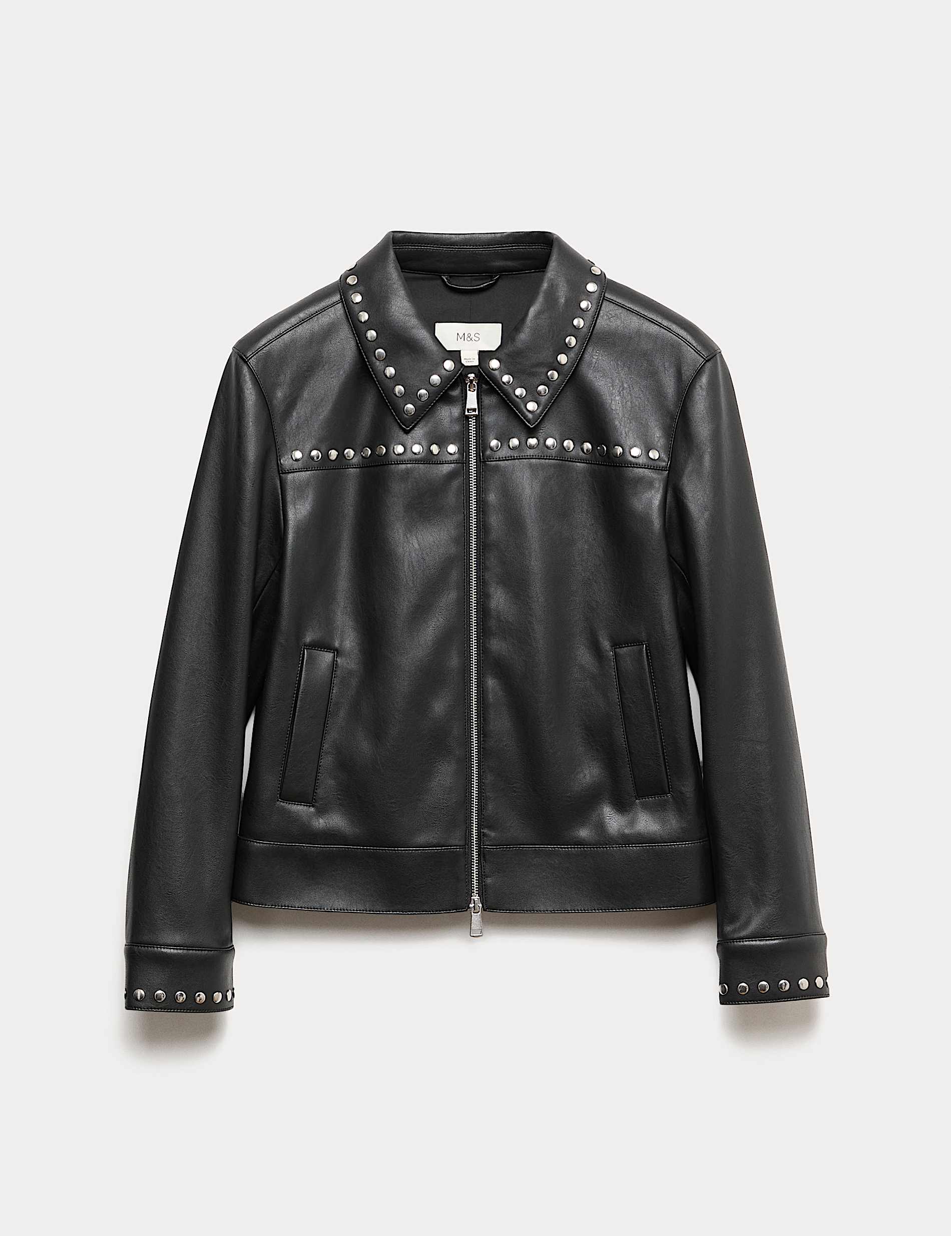Faux Leather Studded Harrington Jacket - CY