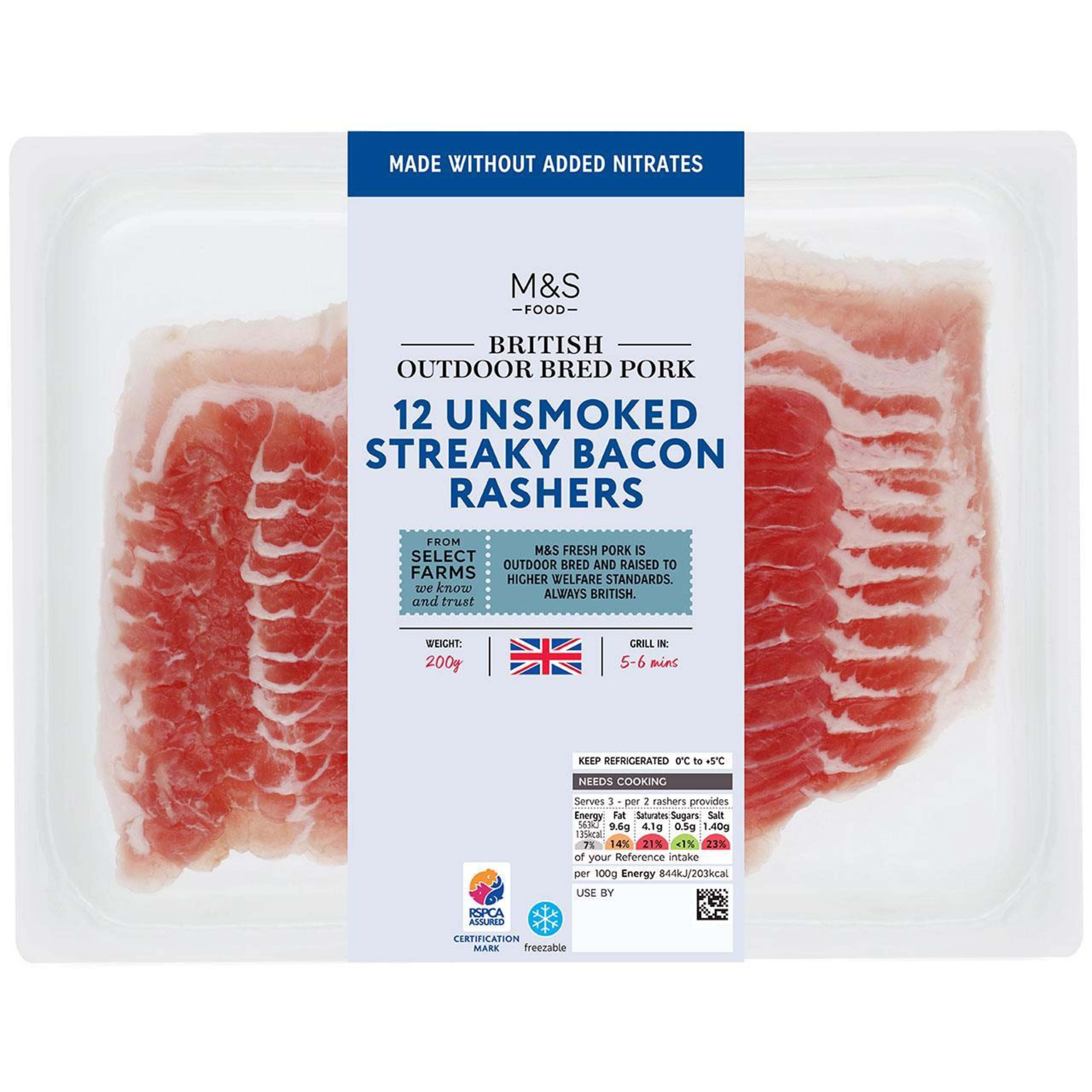 British Outdoor Bred 12 Unsmoked Streaky Bacon Rashers 1 of 1