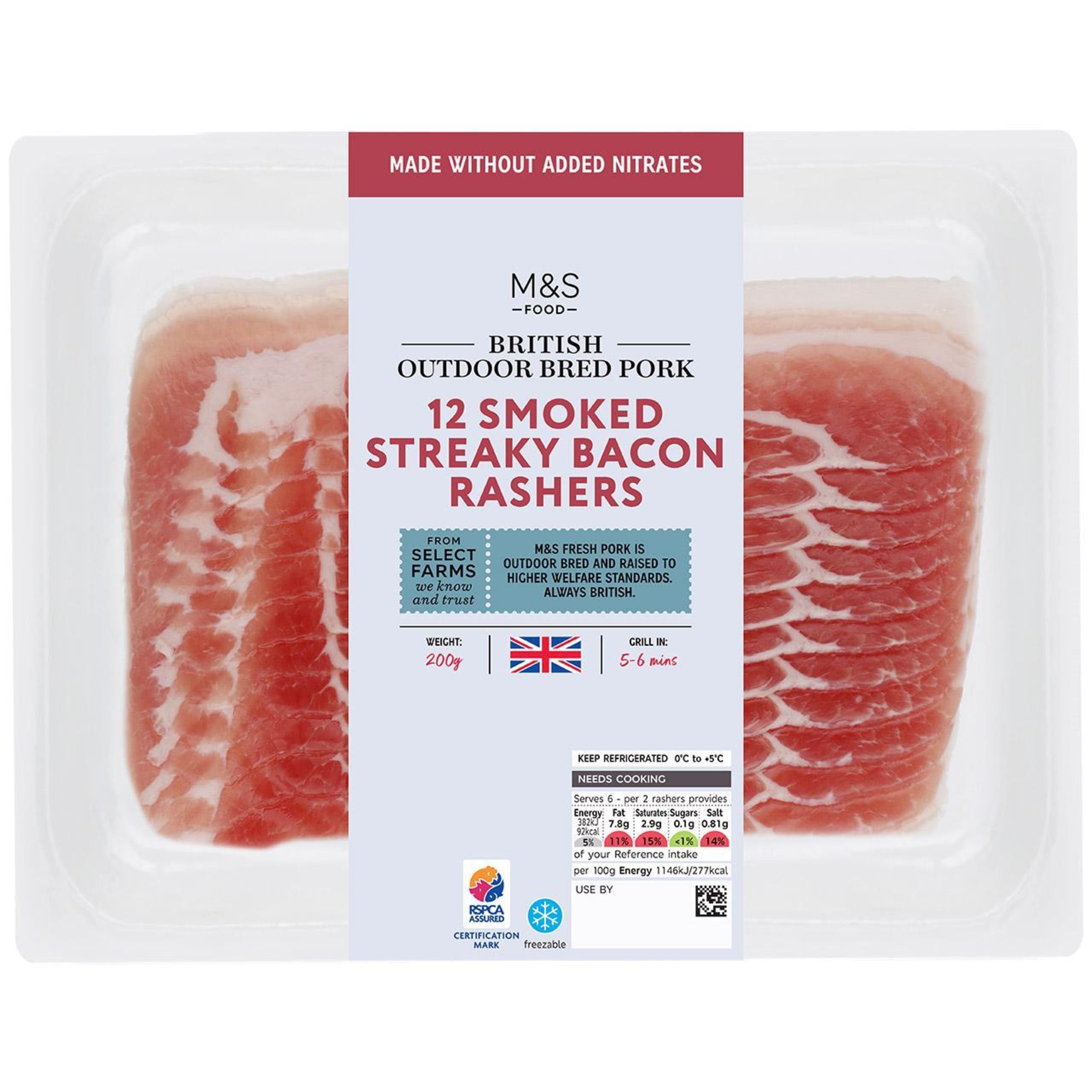 British Outdoor Bred 12 Smoked Streaky Bacon Rashers 1 of 1