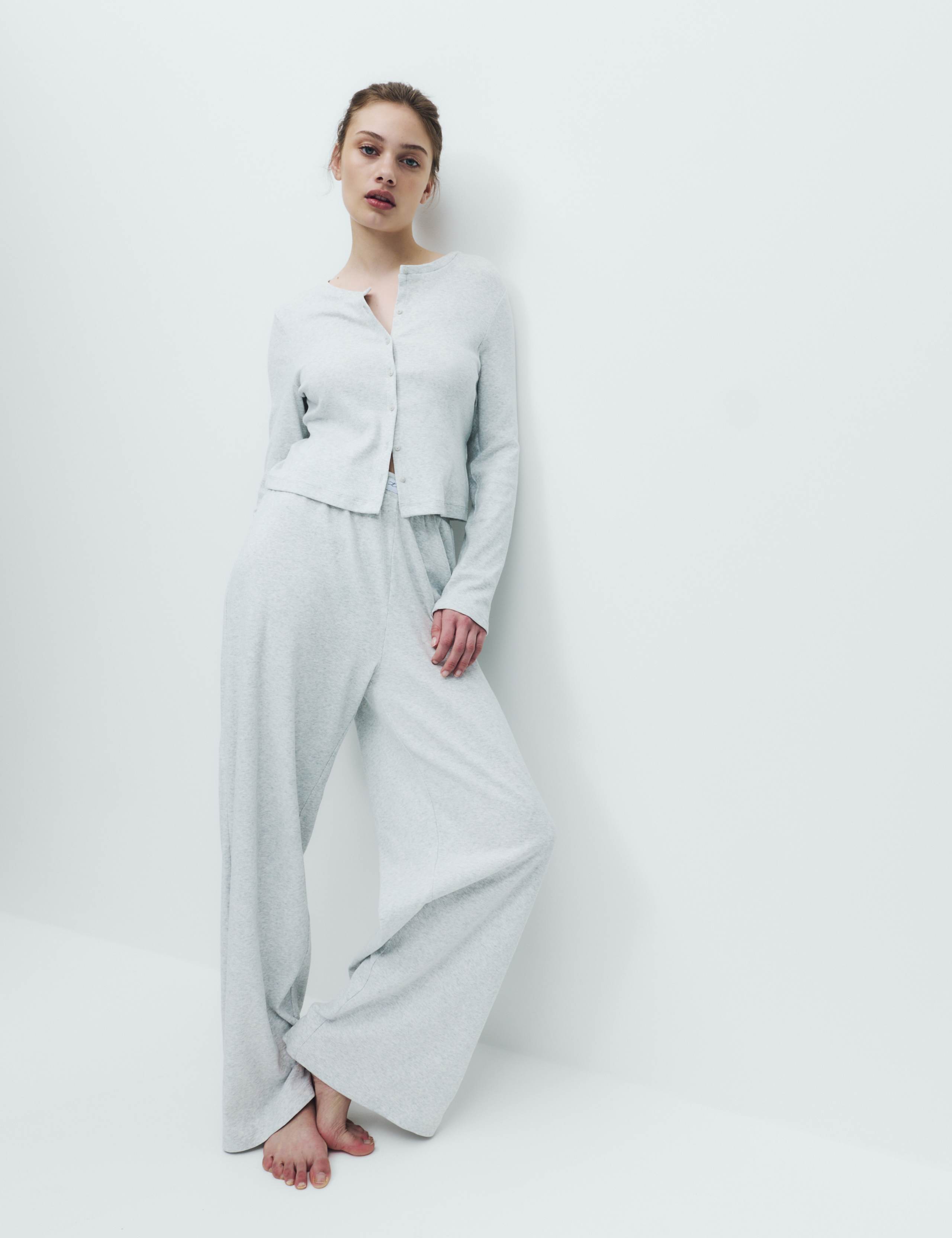 Cotton Rich Ribbed Button Down Pyjama Top & Bottom Set