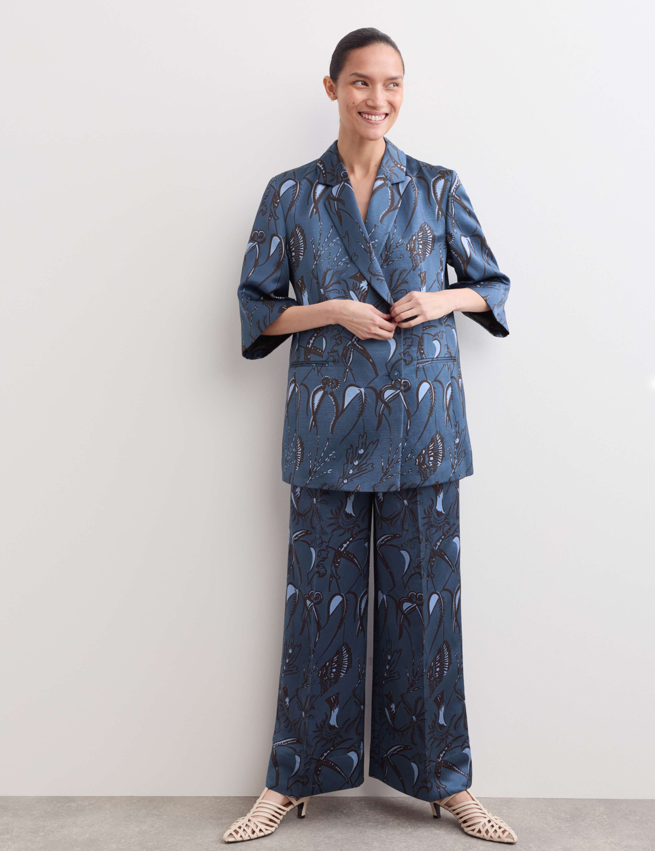 Printed Short Sleeve Longline Blazer & Trouser Set