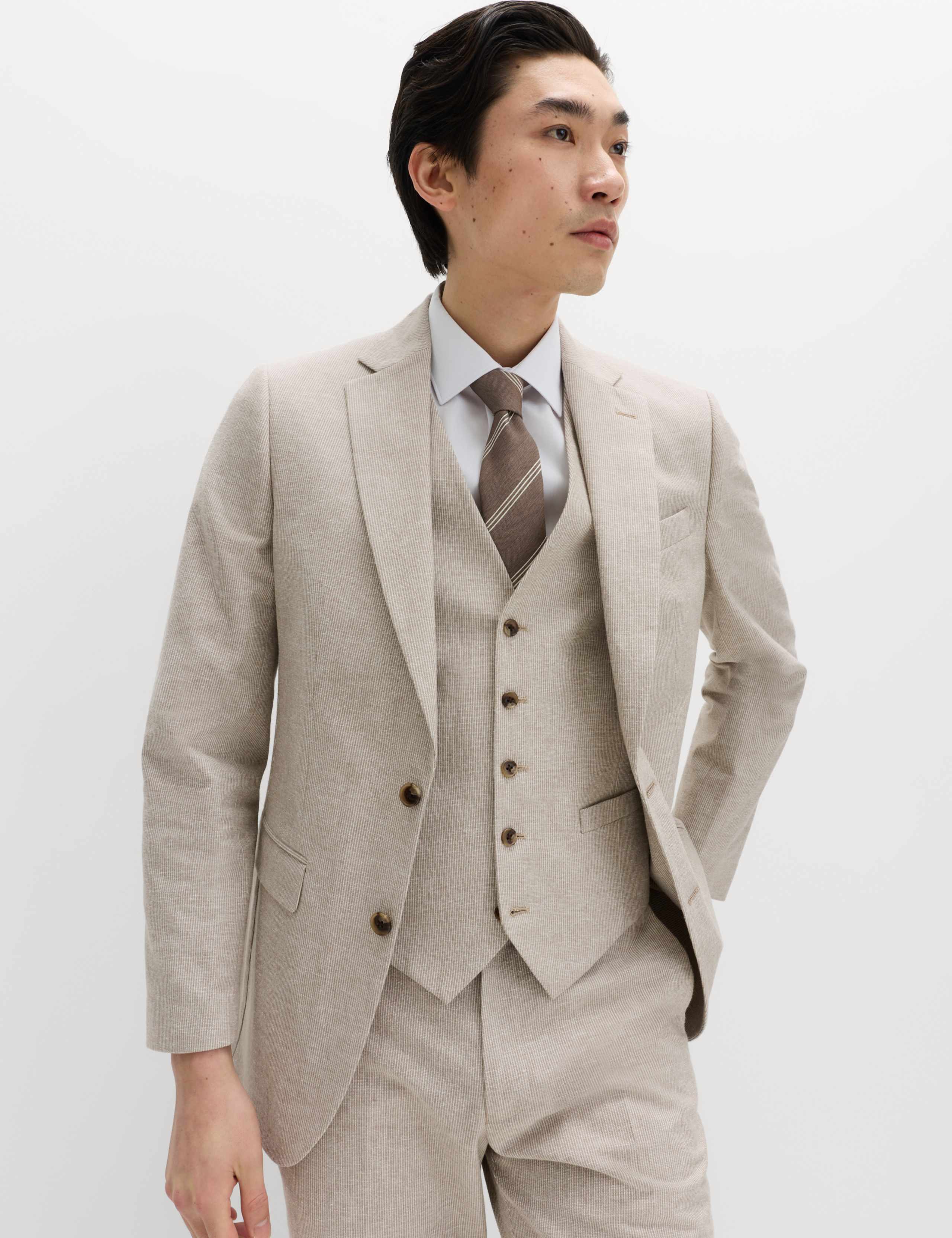 3 Piece Tailored Fit Cotton Linen Striped Suit