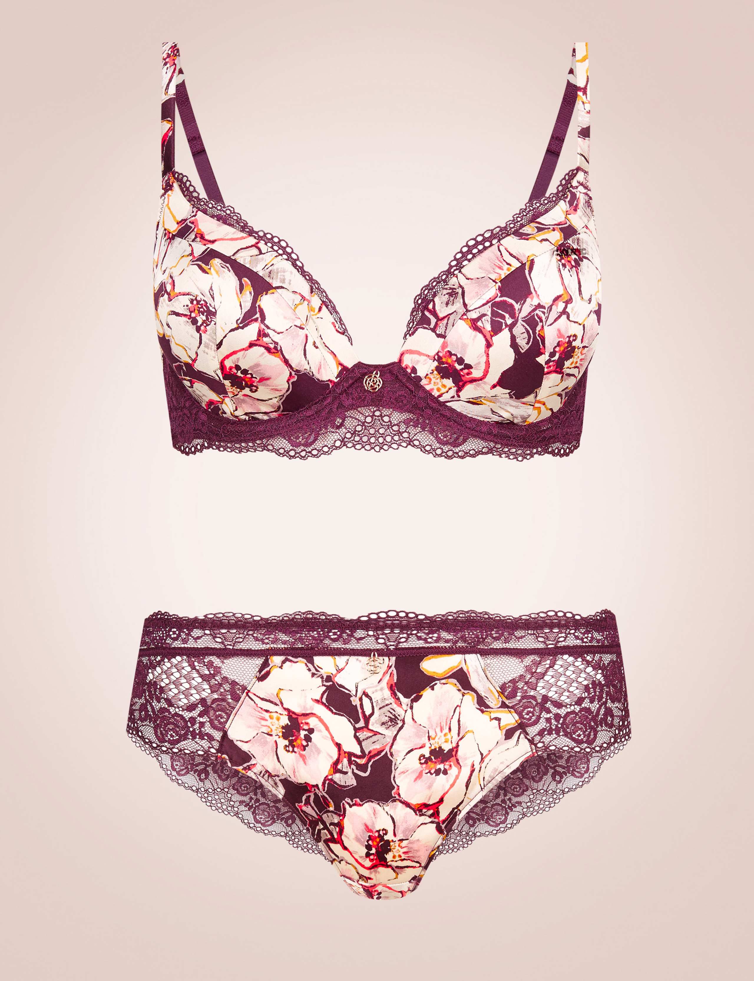 Silk & Lace Floral Print Set with Padded Plunge A-E 1 of 6