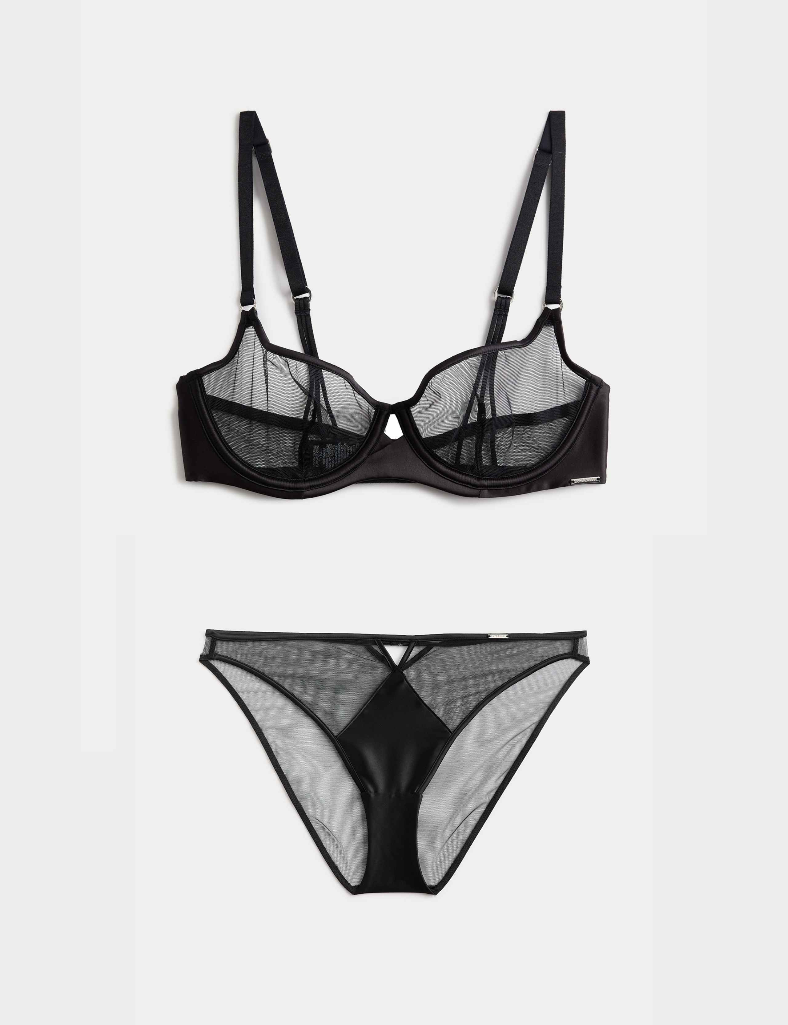 Black Label Satin & Mesh Wired Demi Cup Bra Set A-E 1 of 6