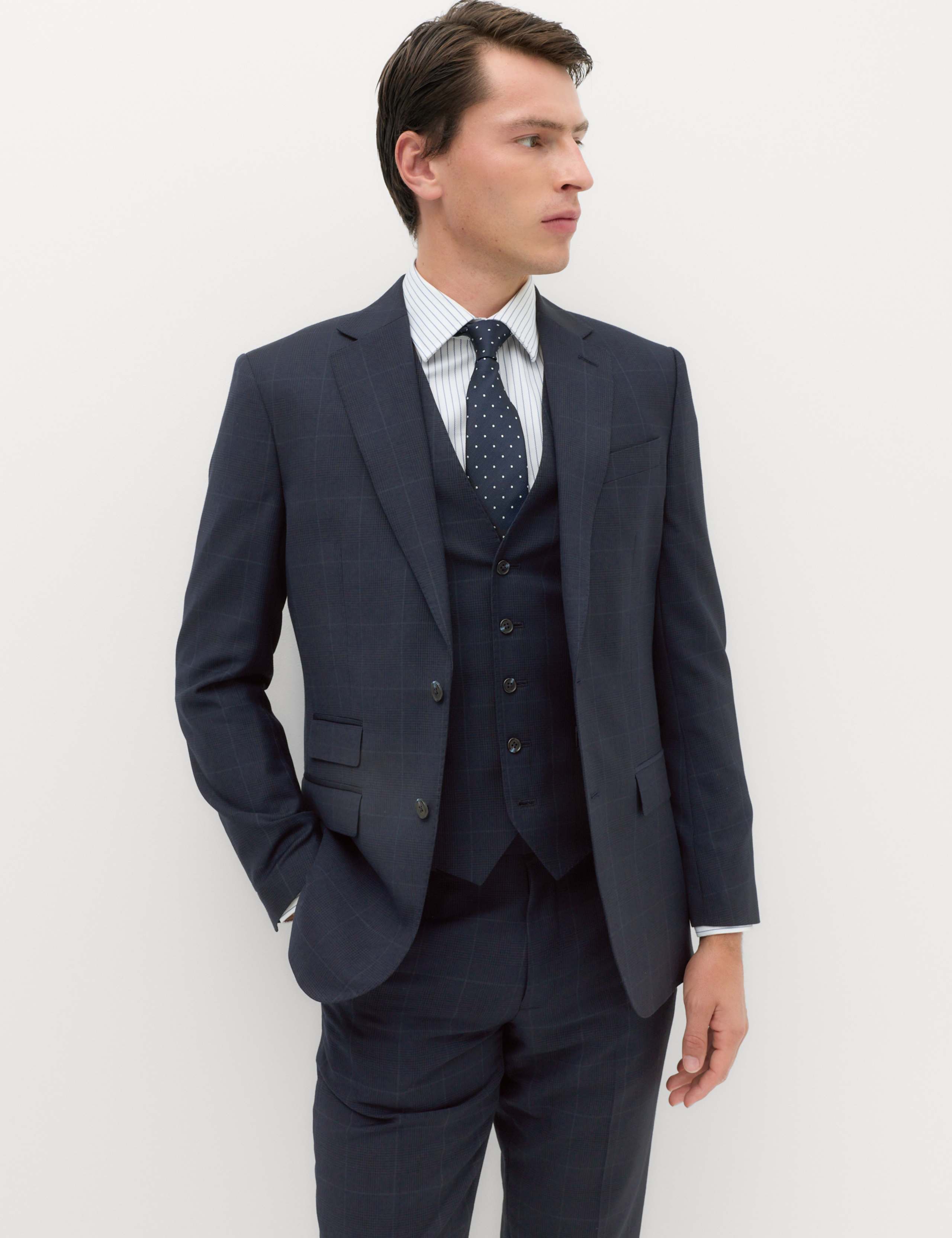 3 Piece Regular Fit Pure Wool Checked Suit