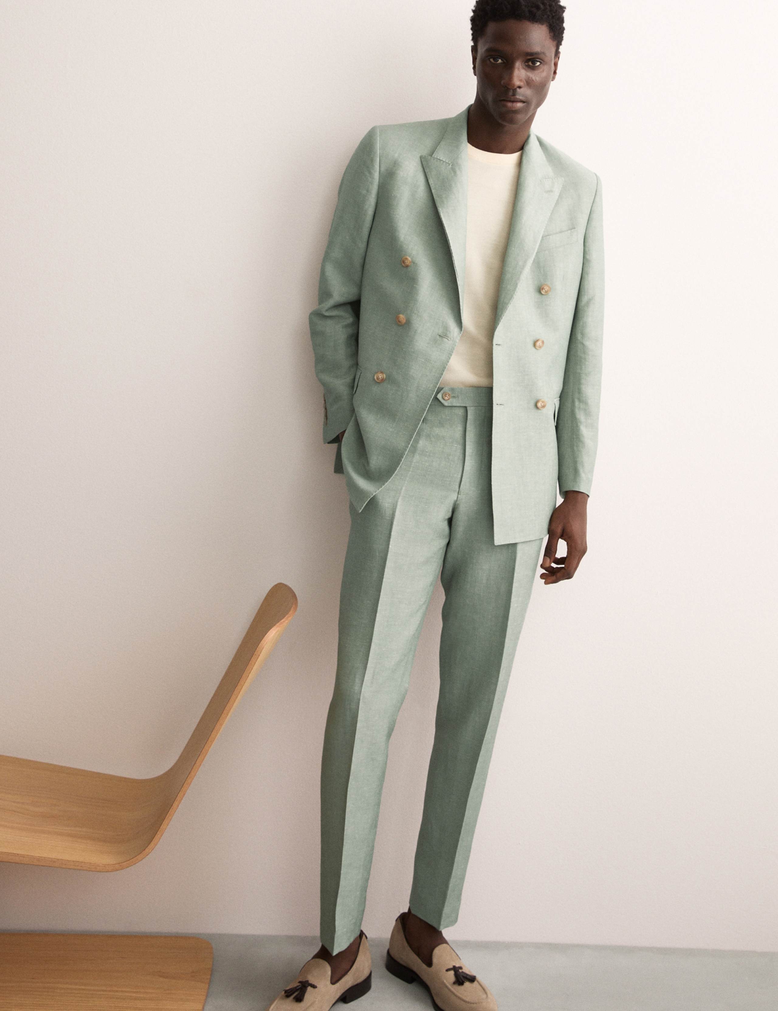 Tailored Fit Double Breasted Wool Linen Blend Suit